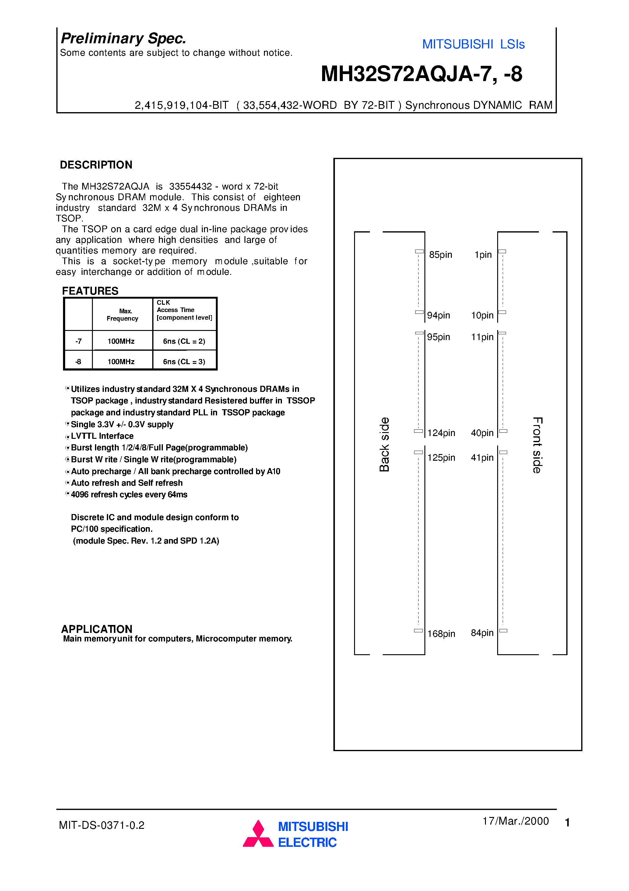 Даташит MH32S72AQJA-8 - 2 /415 /919 /104-BIT ( 33 /554 /432-WORD BY 72-BIT ) Synchronous DYNAMIC RAM страница 1