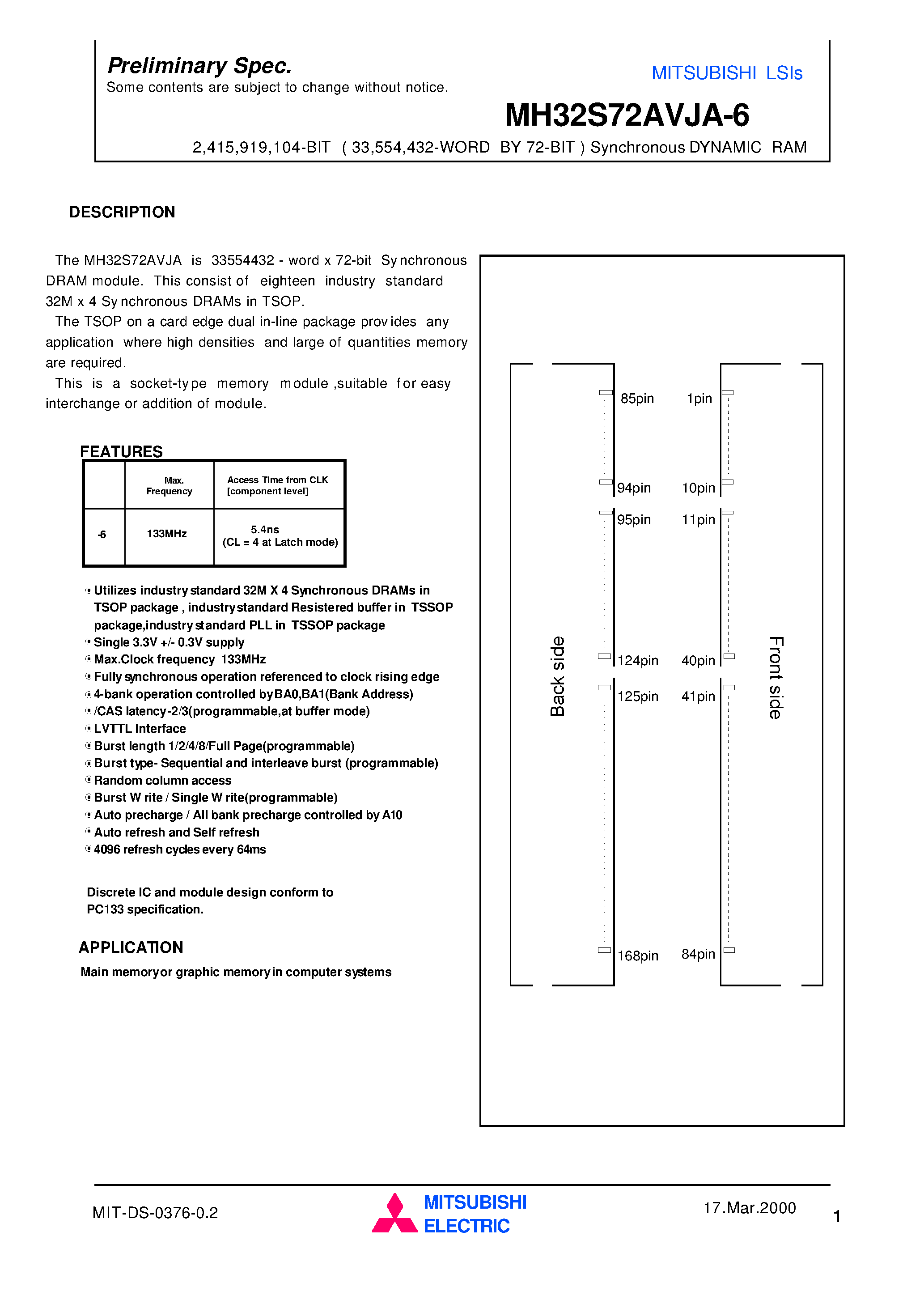 Datasheet MH32S72AVJA-6 - 2 /415 /919 /104-BIT ( 33 /554 /432-WORD BY 72-BIT ) Synchronous DYNAMIC RAM page 1