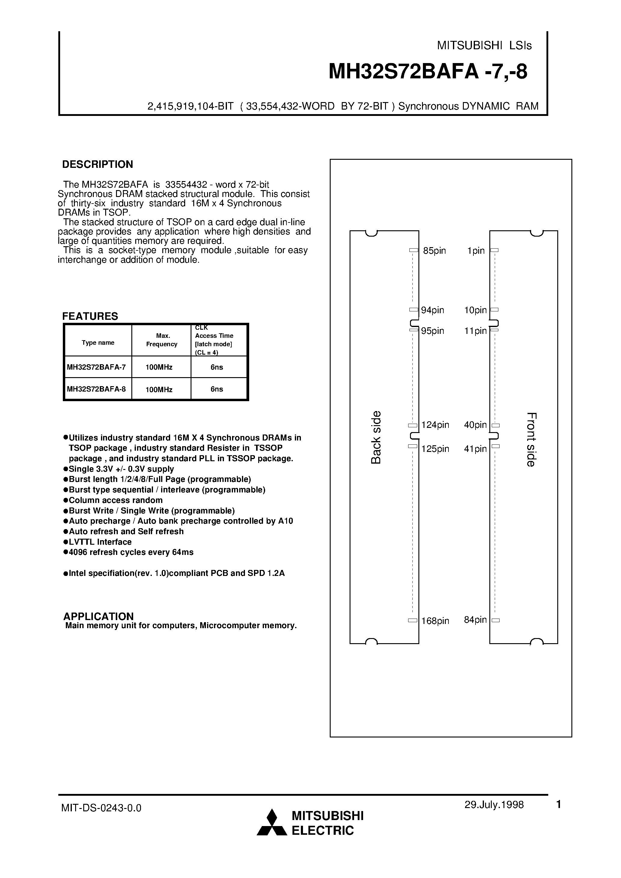 Даташит MH32S72BAFA-8 - 2 /415 /919 /104-BIT ( 33 /554 /432-WORD BY 72-BIT ) Synchronous DYNAMIC RAM страница 1