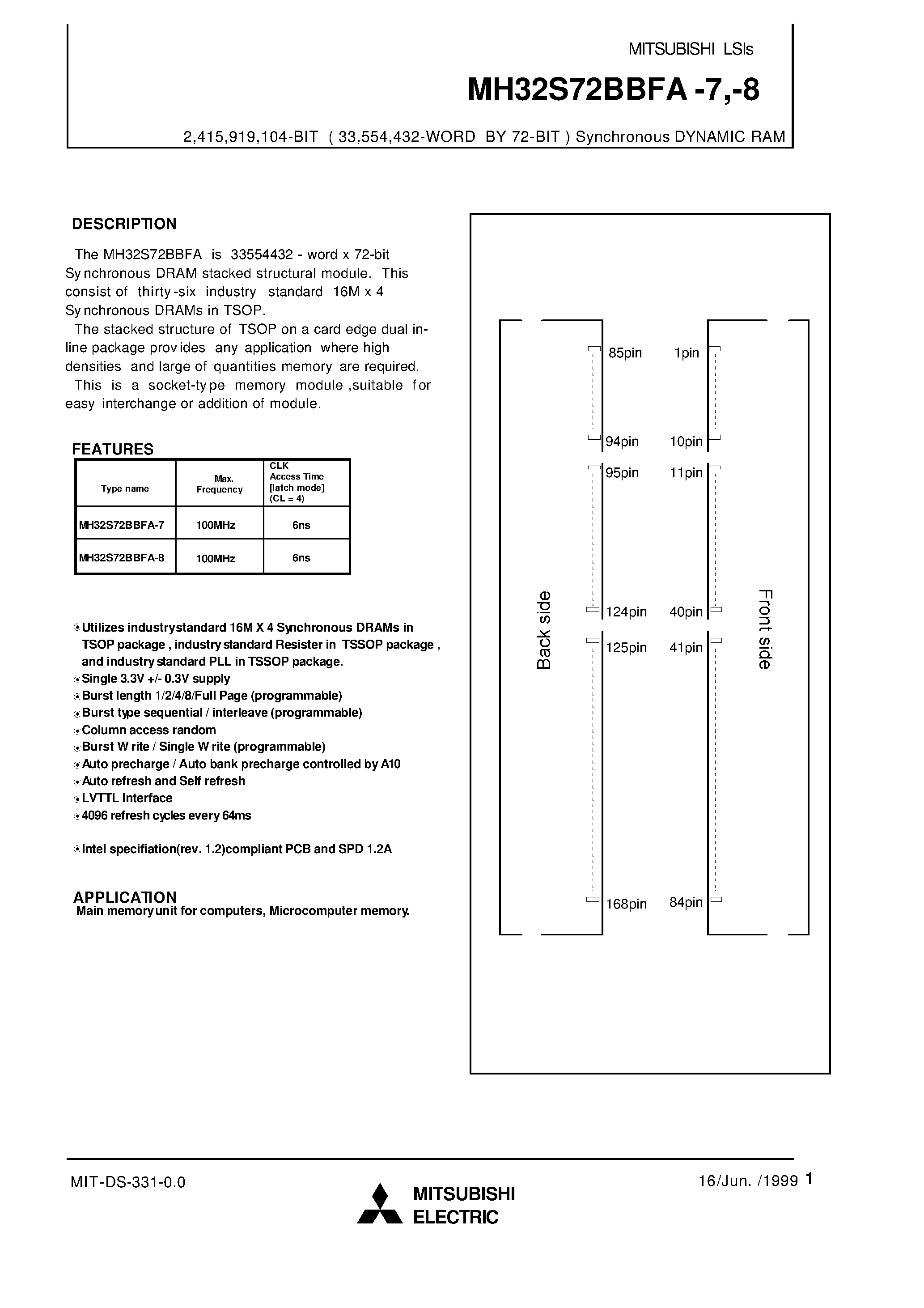 Datasheet MH32S72BBFA-7 - 2 /415 /919 /104-BIT ( 33 /554 /432-WORD BY 72-BIT ) Synchronous DYNAMIC RAM page 1