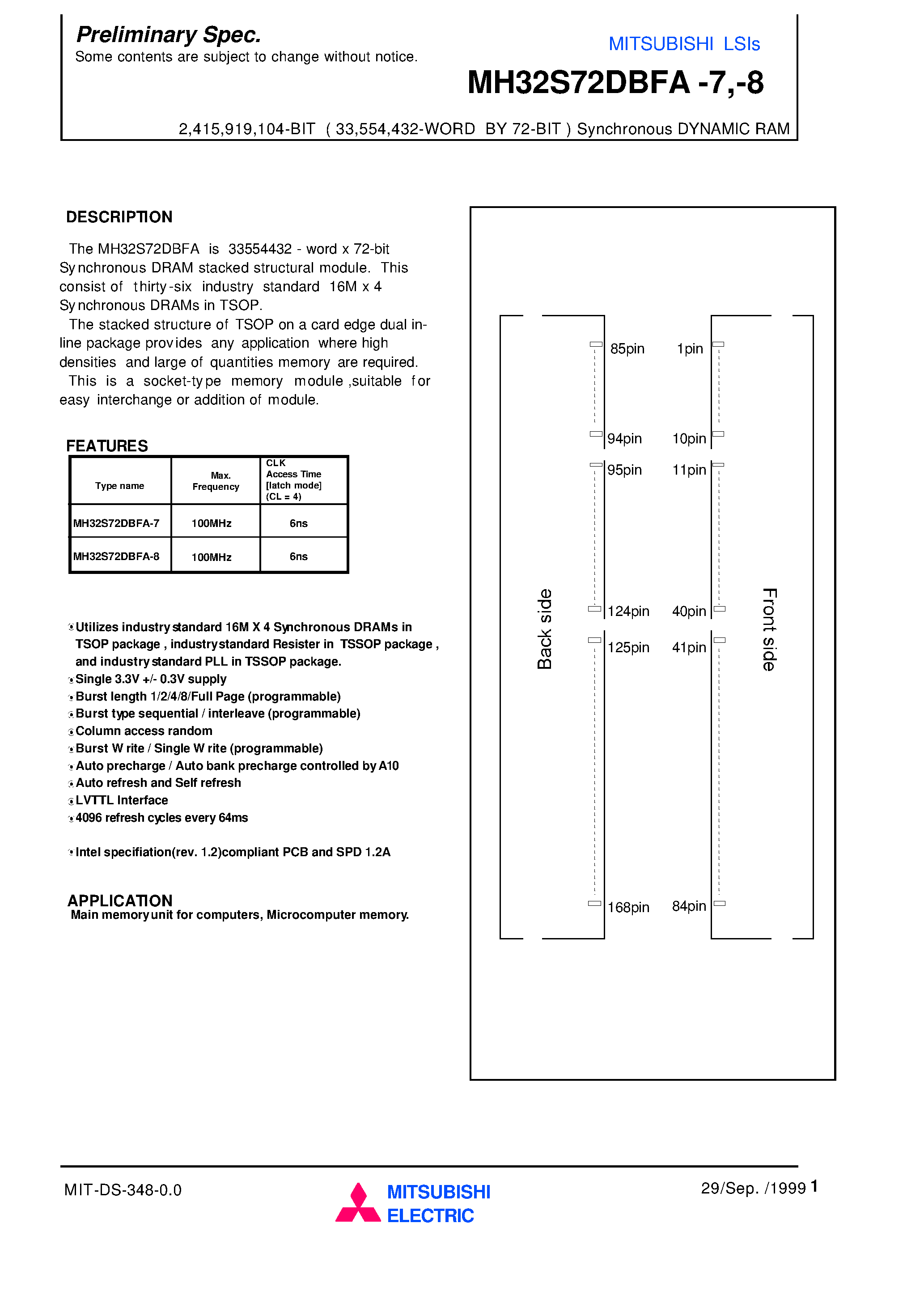 Datasheet MH32S72DBFA-7 - 2 /415 /919 /104-BIT ( 33 /554 /432-WORD BY 72-BIT ) Synchronous DYNAMIC RAM page 1