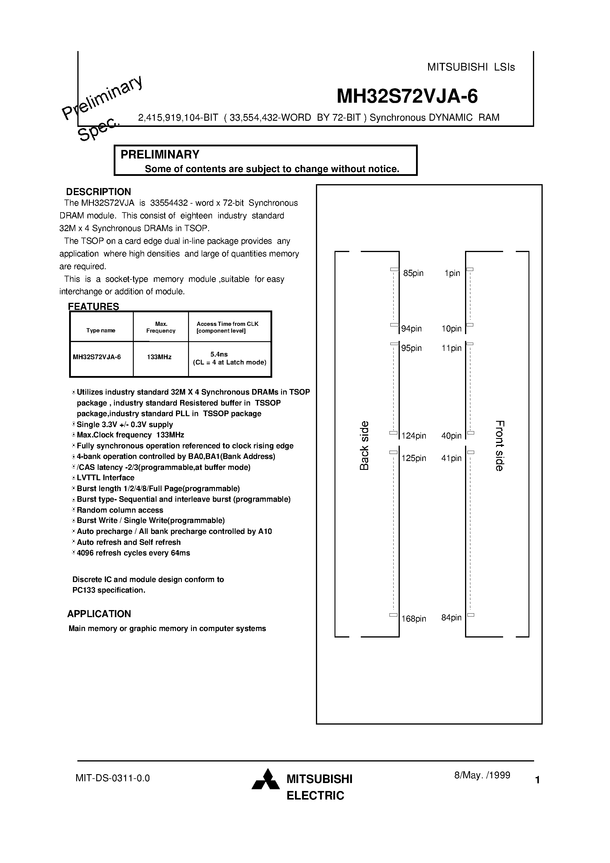 Datasheet MH32S72VJA-6 - 2 /415 /919 /104-BIT ( 33 /554 /432-WORD BY 72-BIT ) Synchronous DYNAMIC RAM page 1