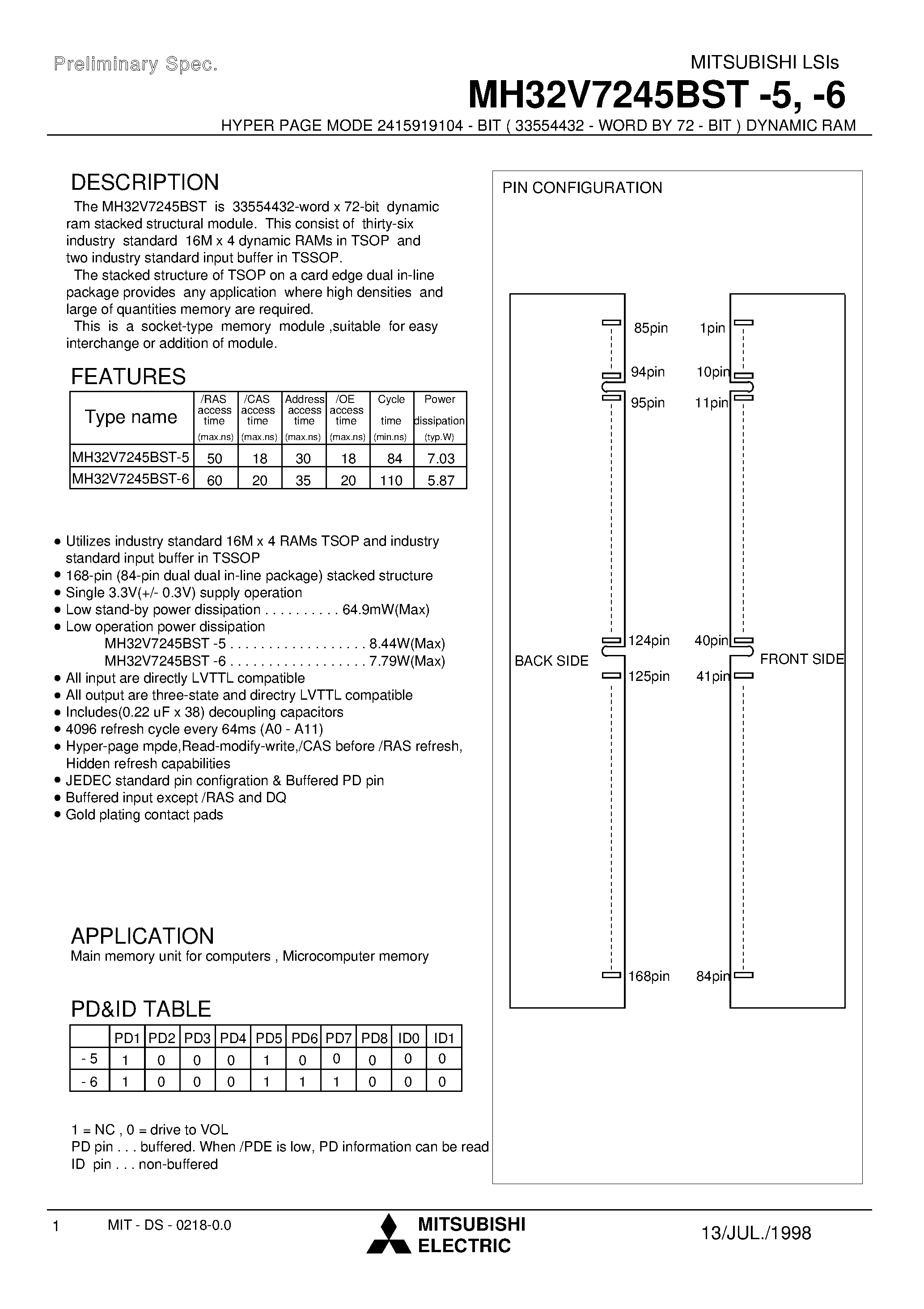 Datasheet MH32V7245BST-6 - HYPER PAGE MODE 2415919104 - BIT ( 33554432 - WORD BY 72 - BIT ) DYNAMIC RAM page 1
