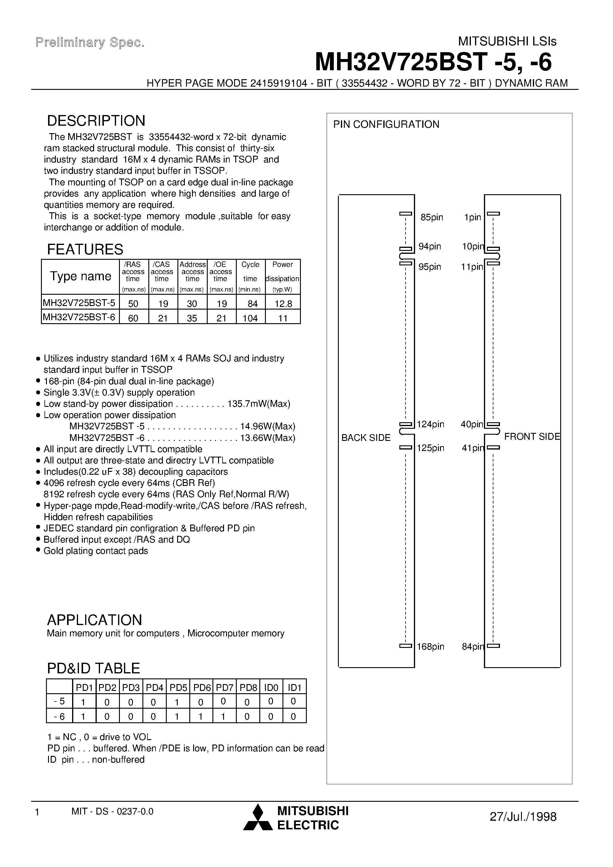 Datasheet MH32V725BST-6 - HYPER PAGE MODE 2415919104 - BIT ( 33554432 - WORD BY 72 - BIT ) DYNAMIC RAM page 1