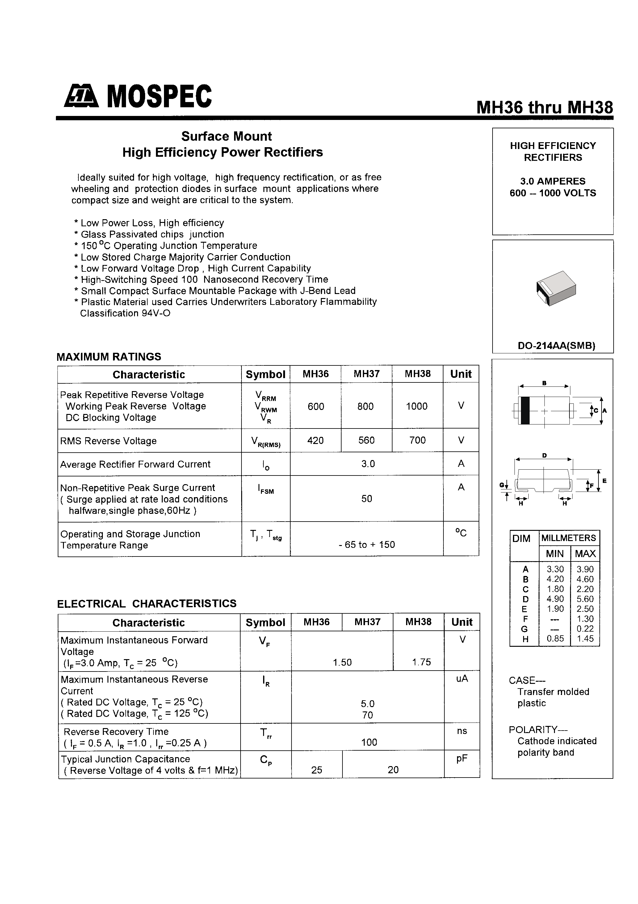 Datasheet MH38 - HIGH EFFICIENCY RECTIFIERS(3.0A /600-1000V) page 1