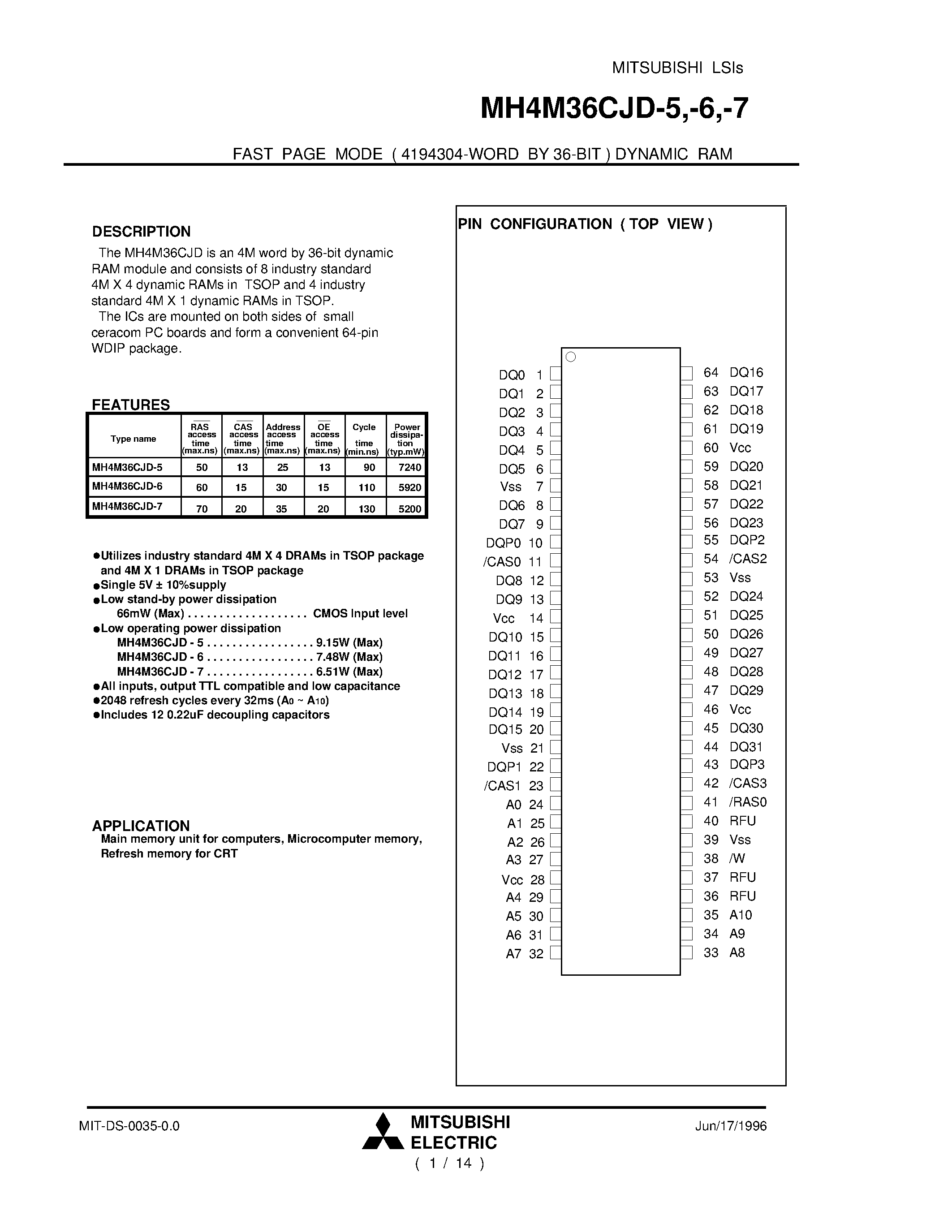 Datasheet MH4M36CJD-7 - FAST PAGE MODE ( 4194304-WORD BY 36-BIT ) DYNAMIC RAM page 1
