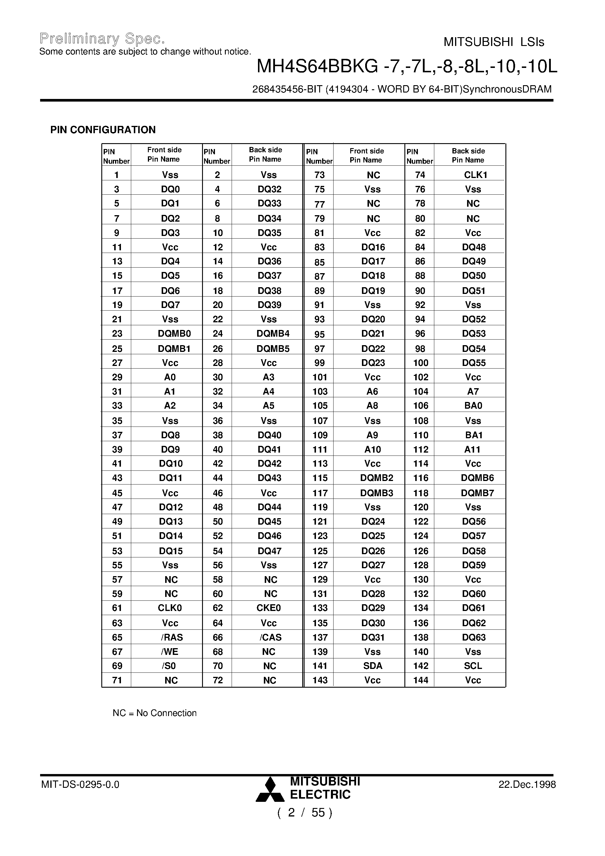 Datasheet MH4S64BBKG-8 - 268435456-BIT (4194304 - WORD BY 64-BIT)SynchronousDRAM page 2