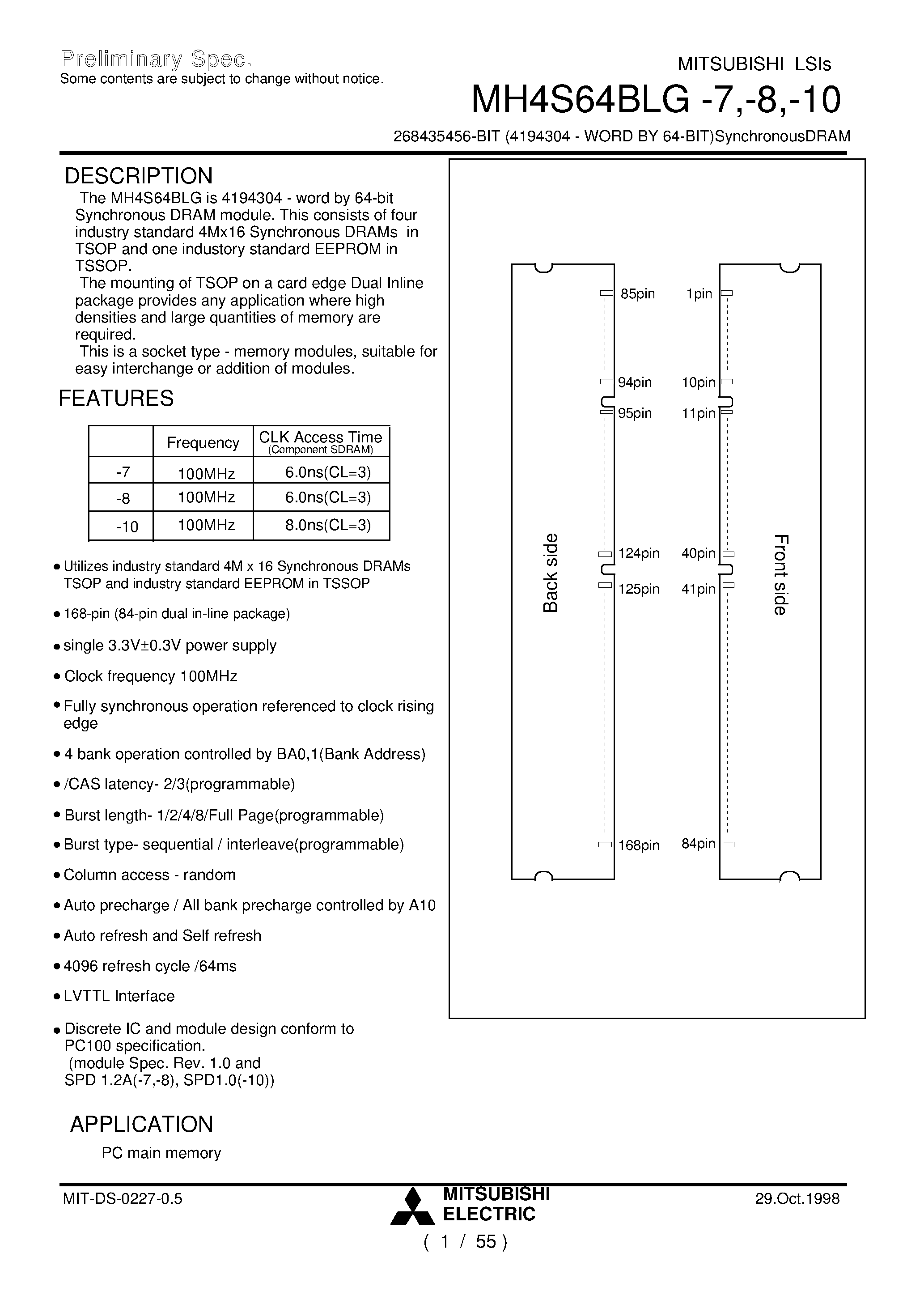 Datasheet MH4S64BLG-8 - 268435456-BIT (4194304 - WORD BY 64-BIT)SynchronousDRAM page 1