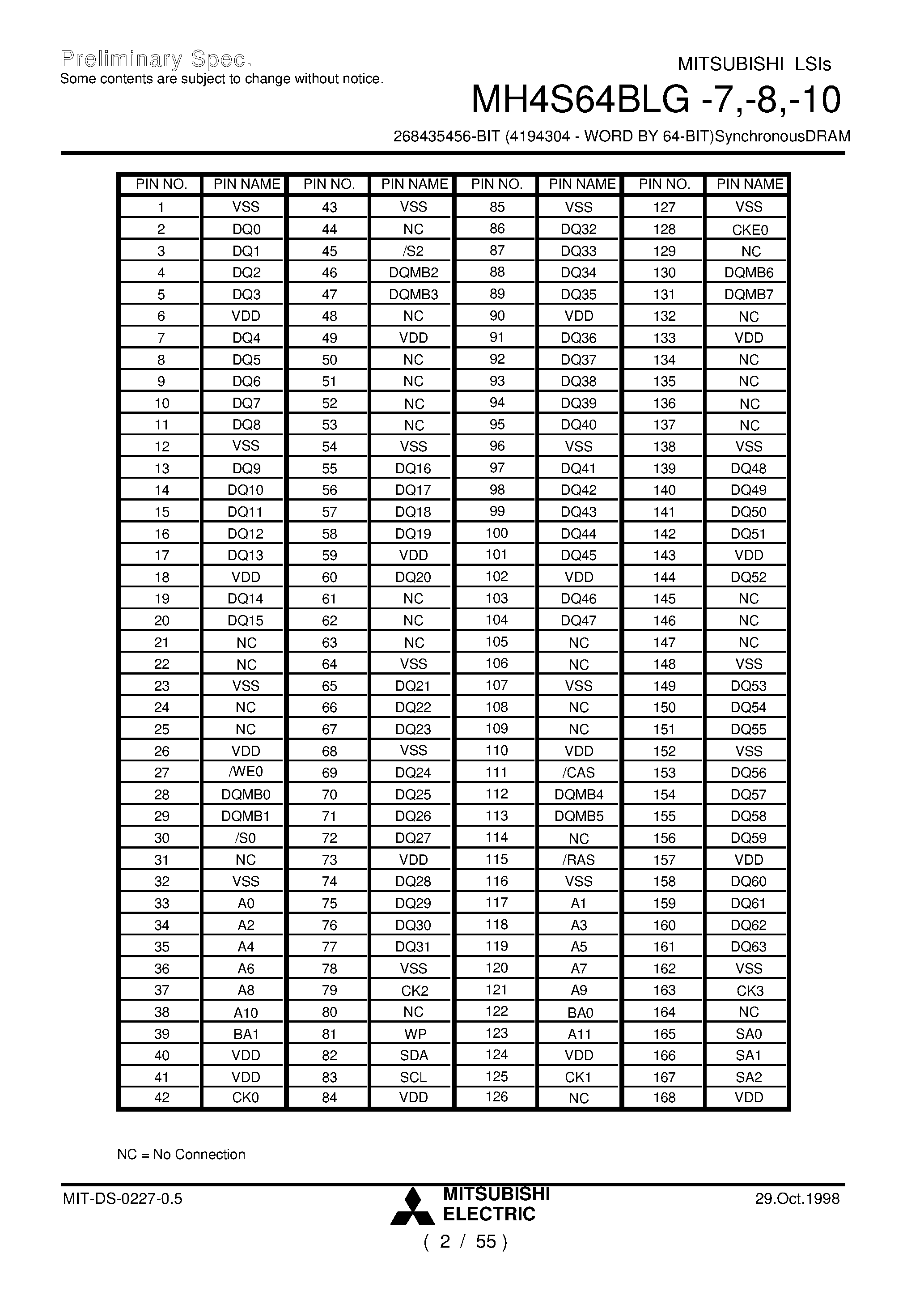 Datasheet MH4S64BLG-8 - 268435456-BIT (4194304 - WORD BY 64-BIT)SynchronousDRAM page 2