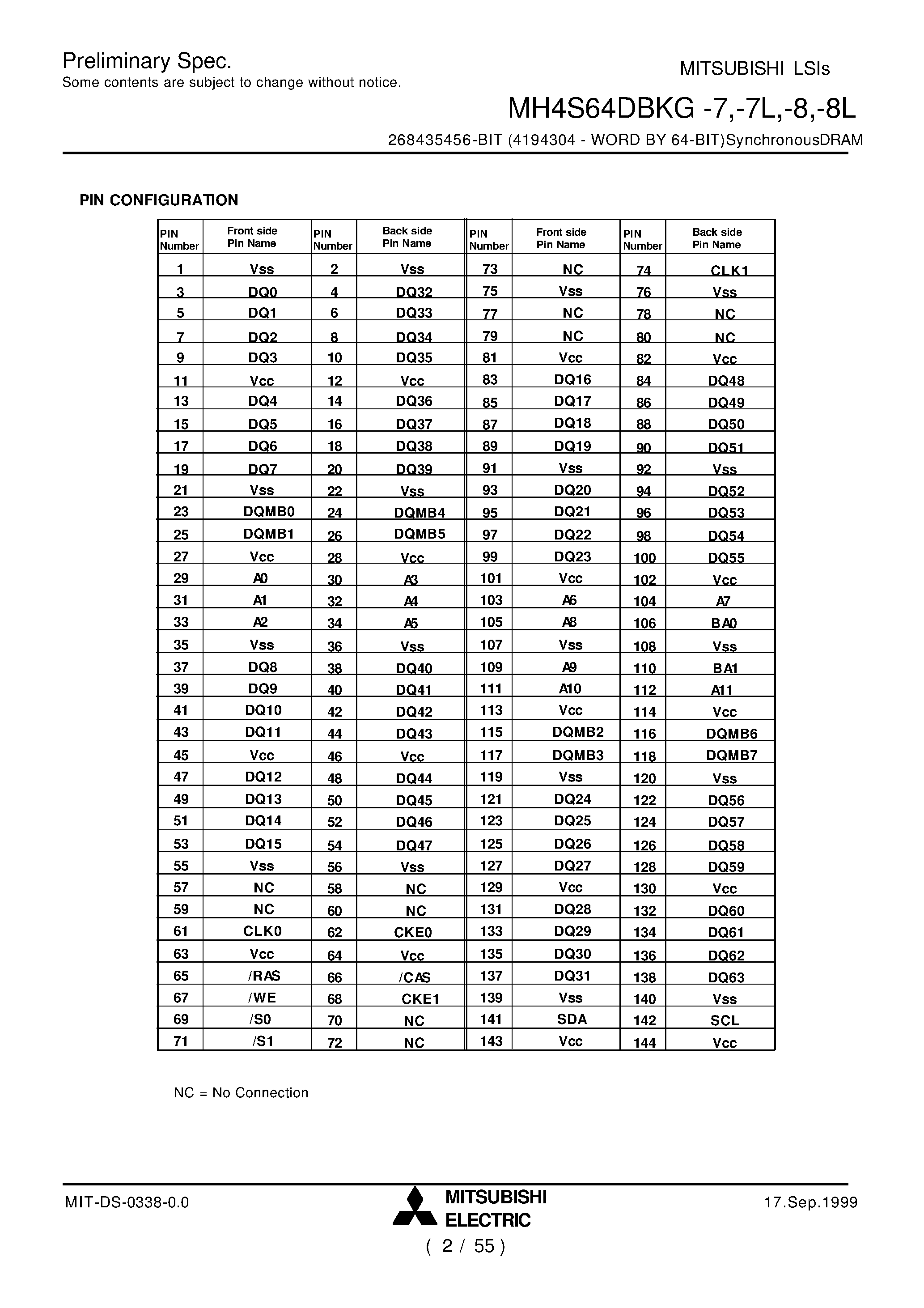 Datasheet MH4S64DBKG-7 page 2 Datasheet MH4S64DBKG-7 - 268435456-BIT (4194304 - WORD BY 64-BIT)SynchronousDRAM page 2