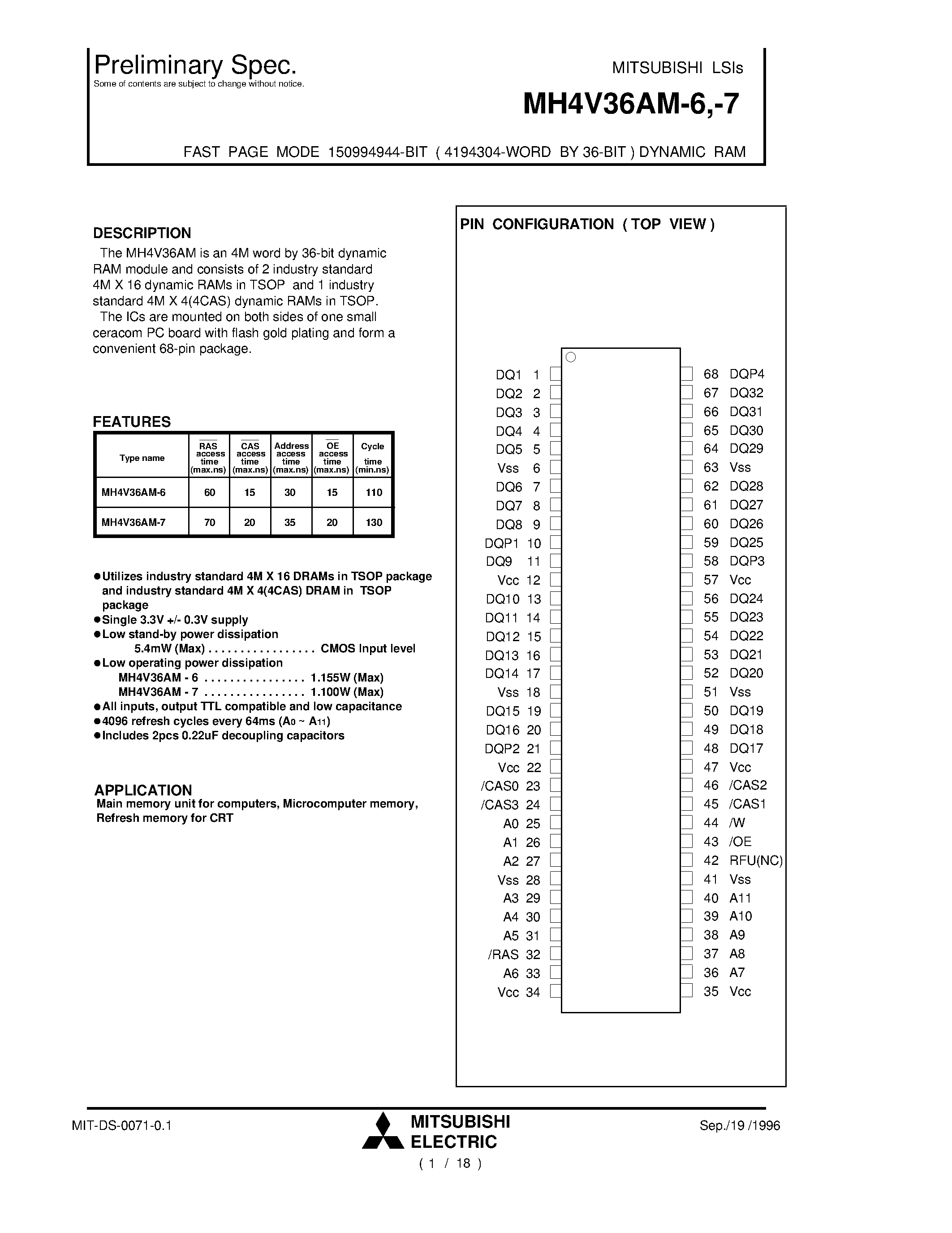 Datasheet MH4V36AM-6 - FAST PAGE MODE 150994944-BIT ( 4194304-WORD BY 36-BIT ) DYNAMIC RAM page 1