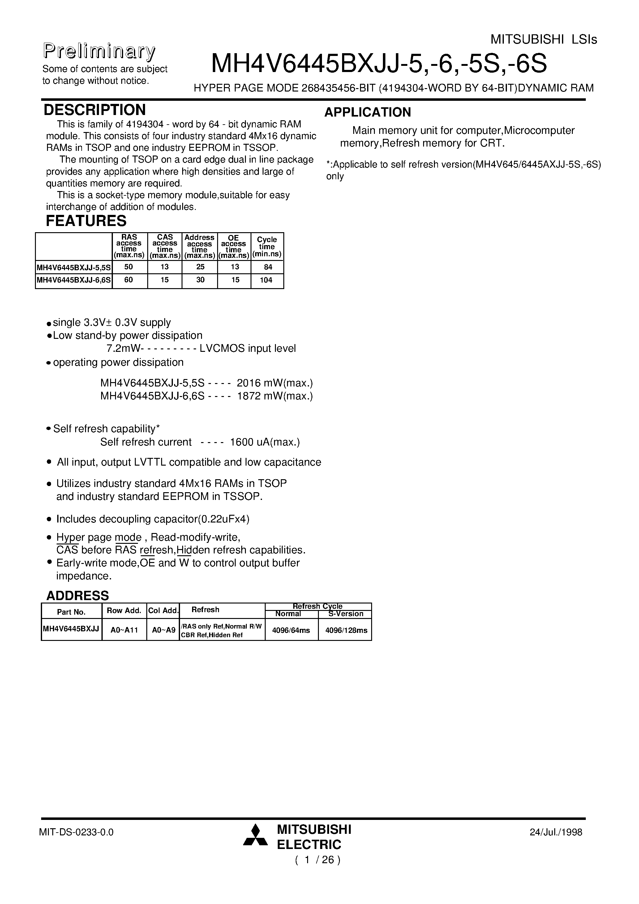 Datasheet MH4V6445BXJJ-5 - HYPER PAGE MODE 268435456-BIT (4194304-WORD BY 64-BIT)DYNAMIC RAM page 1