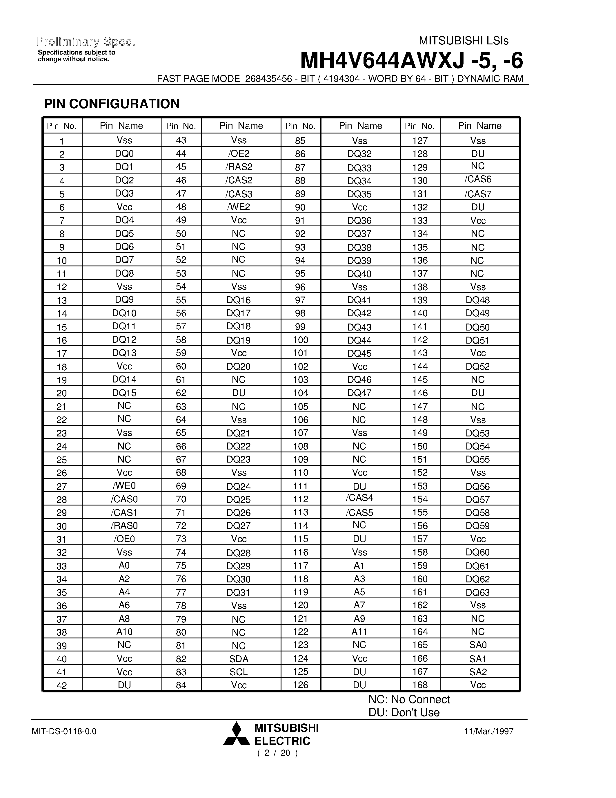 Datasheet MH4V644AWXJ-6 - FAST PAGE MODE 268435456 - BIT ( 4194304 - WORD BY 64 - BIT ) DYNAMIC RAM page 2