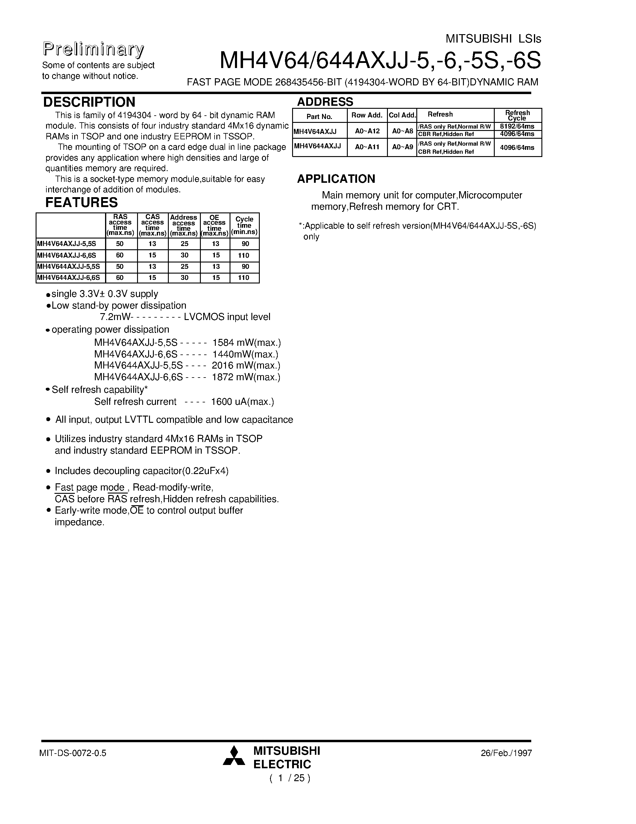 Datasheet MH4V644AXJJ-6 page 1 Datasheet MH4V644AXJJ-6 - FAST PAGE MODE 268435456-BIT (4194304-WORD BY 64-BIT)DYNAMIC RAM page 1
