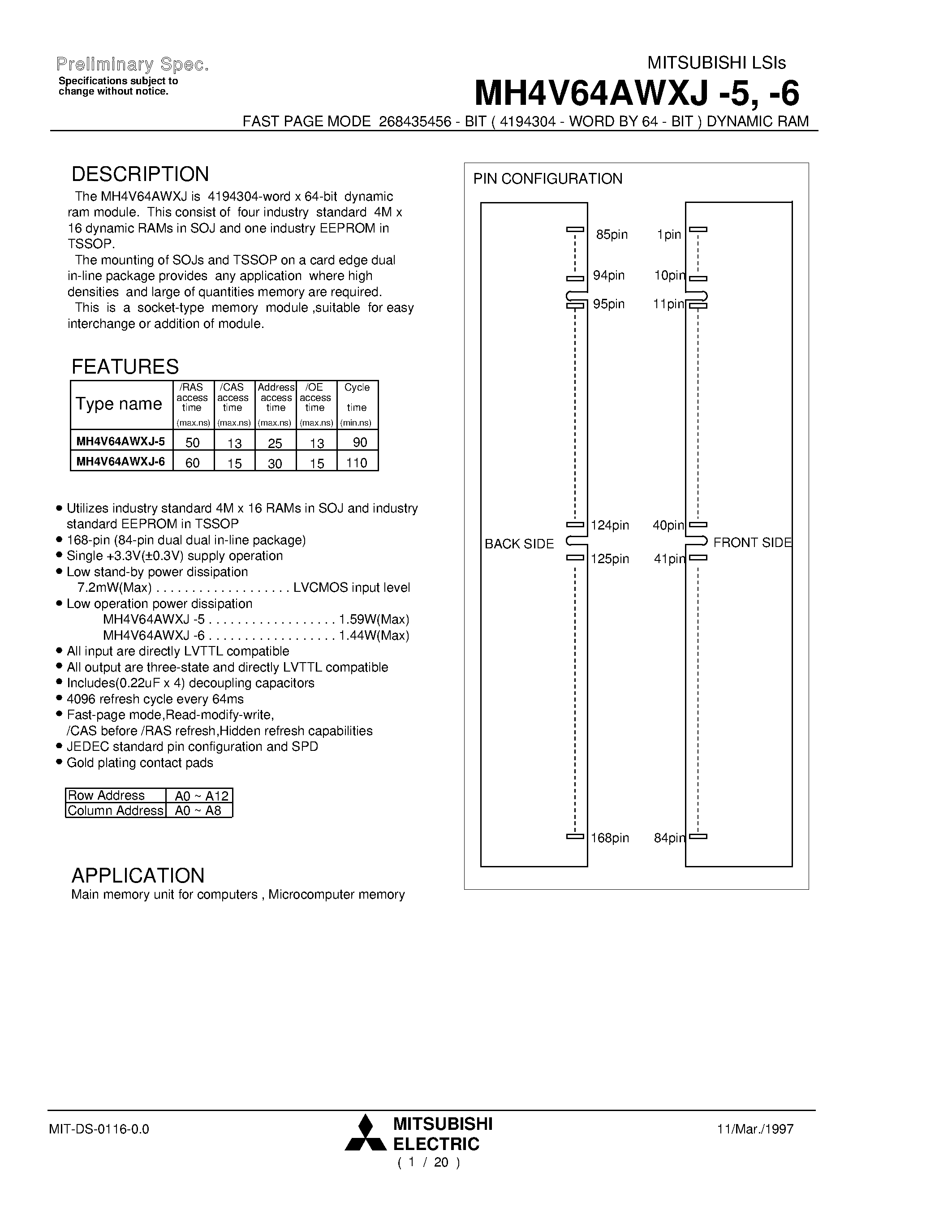 Datasheet MH4V64AWXJ-5 - FAST PAGE MODE 268435456 - BIT ( 4194304 - WORD BY 64 - BIT ) DYNAMIC RAM page 1