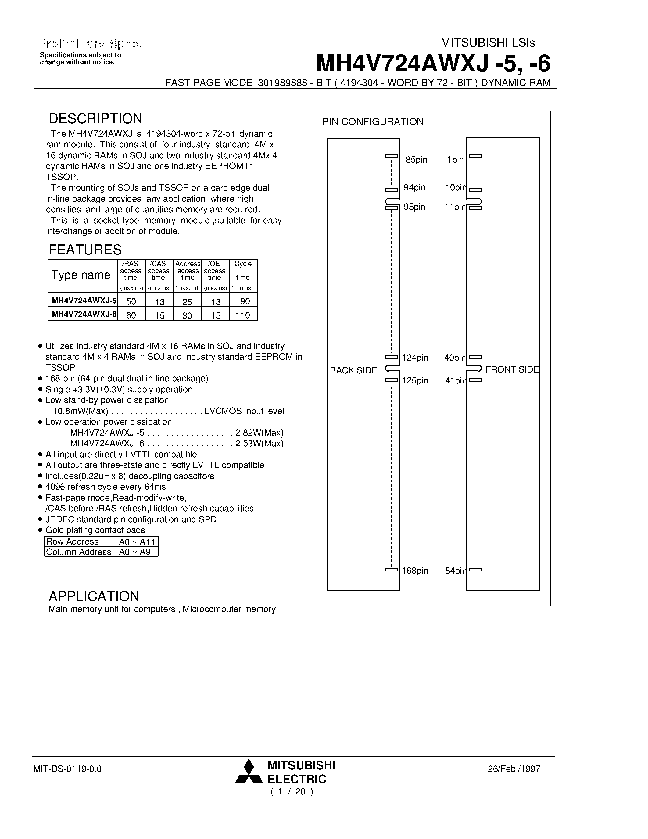 Datasheet MH4V724AWXJ-5 - FAST PAGE MODE 301989888 - BIT ( 4194304 - WORD BY 72 - BIT ) DYNAMIC RAM page 1