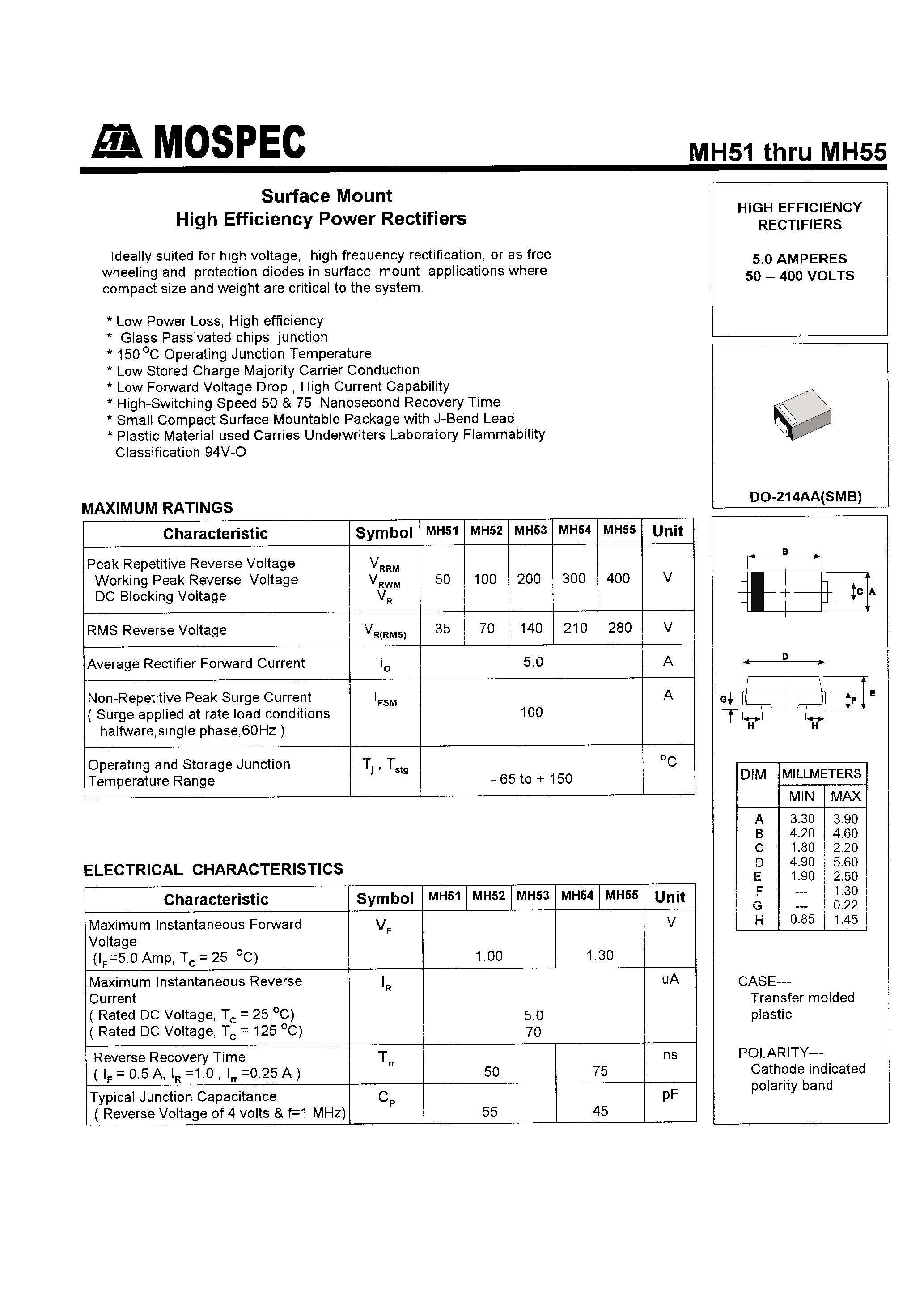 Datasheet MH53 - HIGH EFFICIENCY RECTIFIERS(5.0A /50-400V) page 1