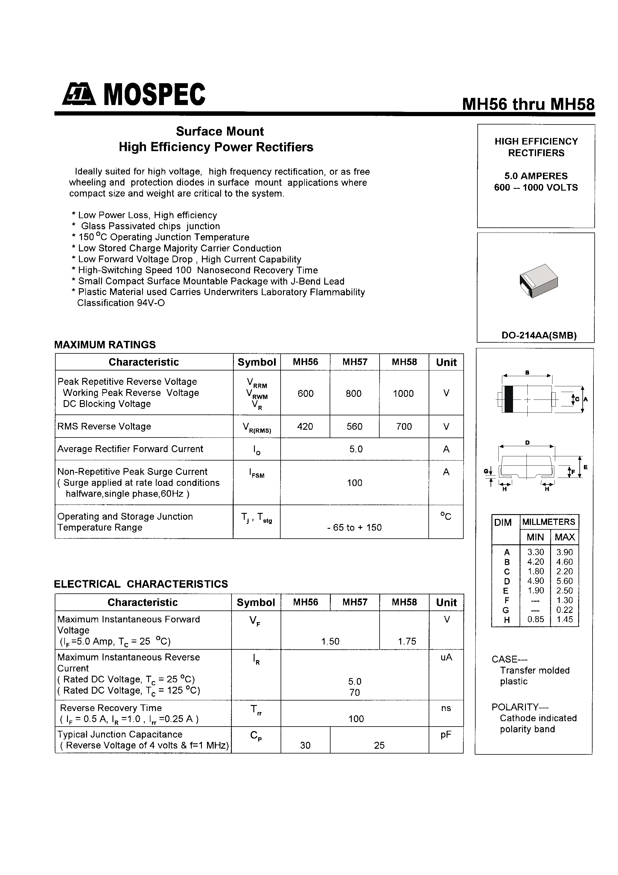 Datasheet MH57 - HIGH EFFICIENCY RECTIFIERS(5.0A /600-1000V) page 1