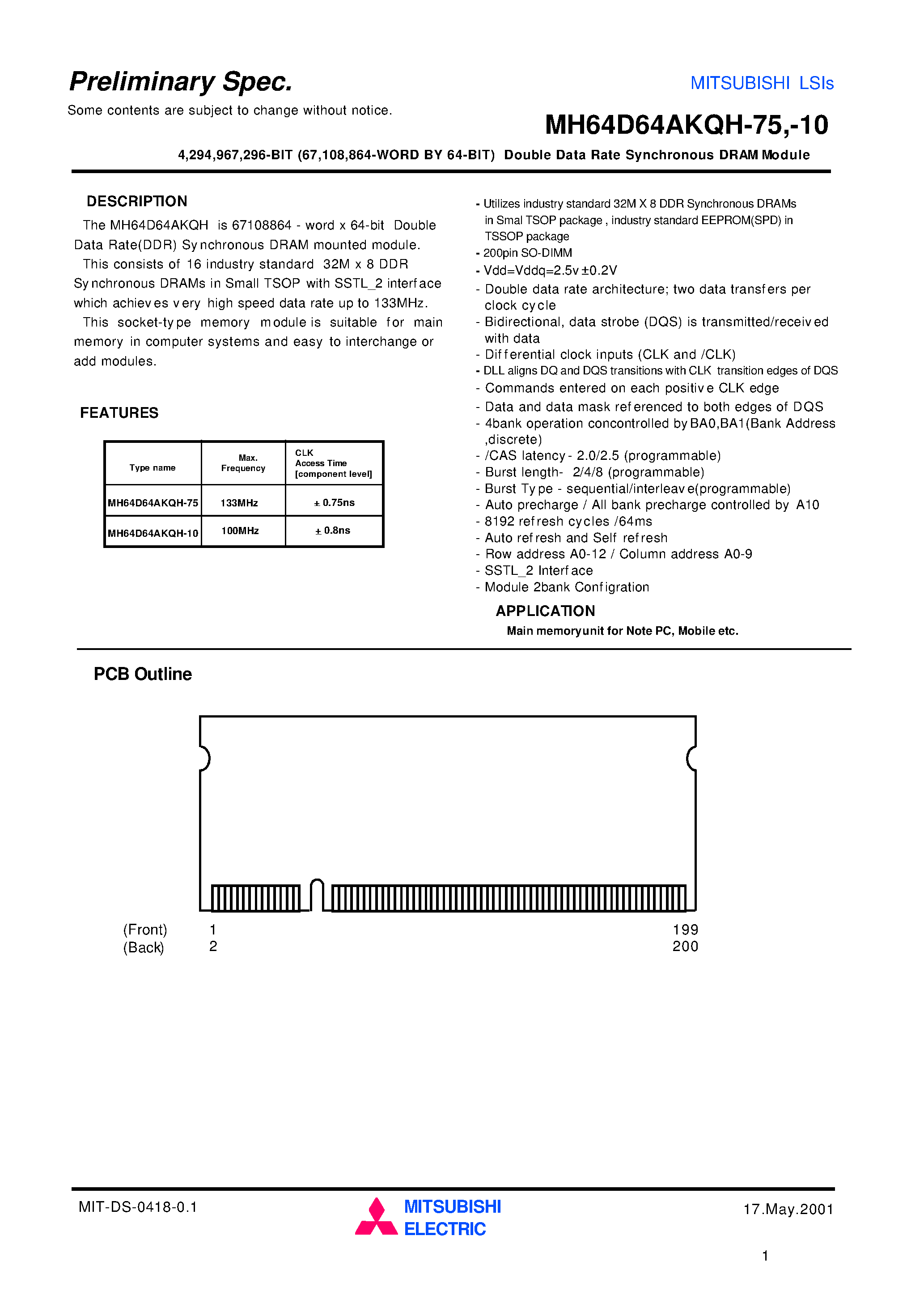 Datasheet MH64D64AKQH-75 - 4 /294 /967 /296-BIT (67 /108 /864-WORD BY 64-BIT) Double Data Rate Synchronous DRAM Module page 1