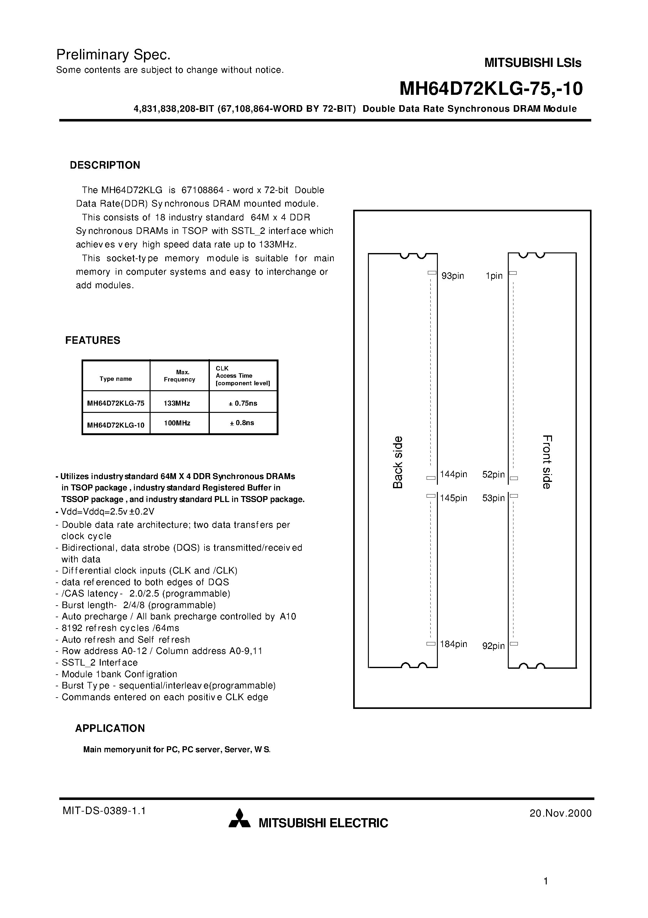 Datasheet MH64D72KLG-75 - 4 /831 /838 /208-BIT (67 /108 /864-WORD BY 72-BIT) Double Data Rate Synchronous DRAM Module page 1