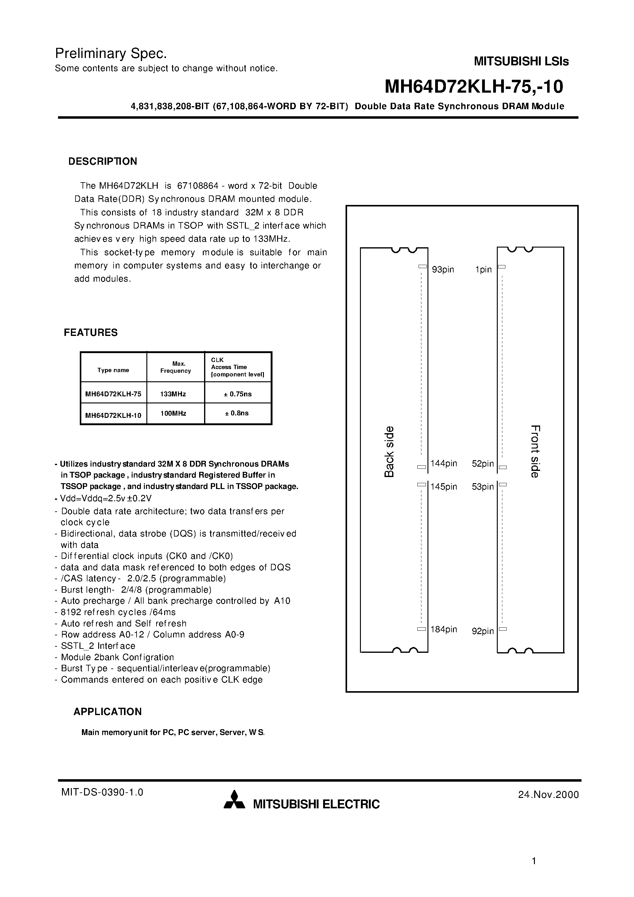 Datasheet MH64D72KLH-10 - 4 /831 /838 /208-BIT (67 /108 /864-WORD BY 72-BIT) Double Data Rate Synchronous DRAM Module page 1