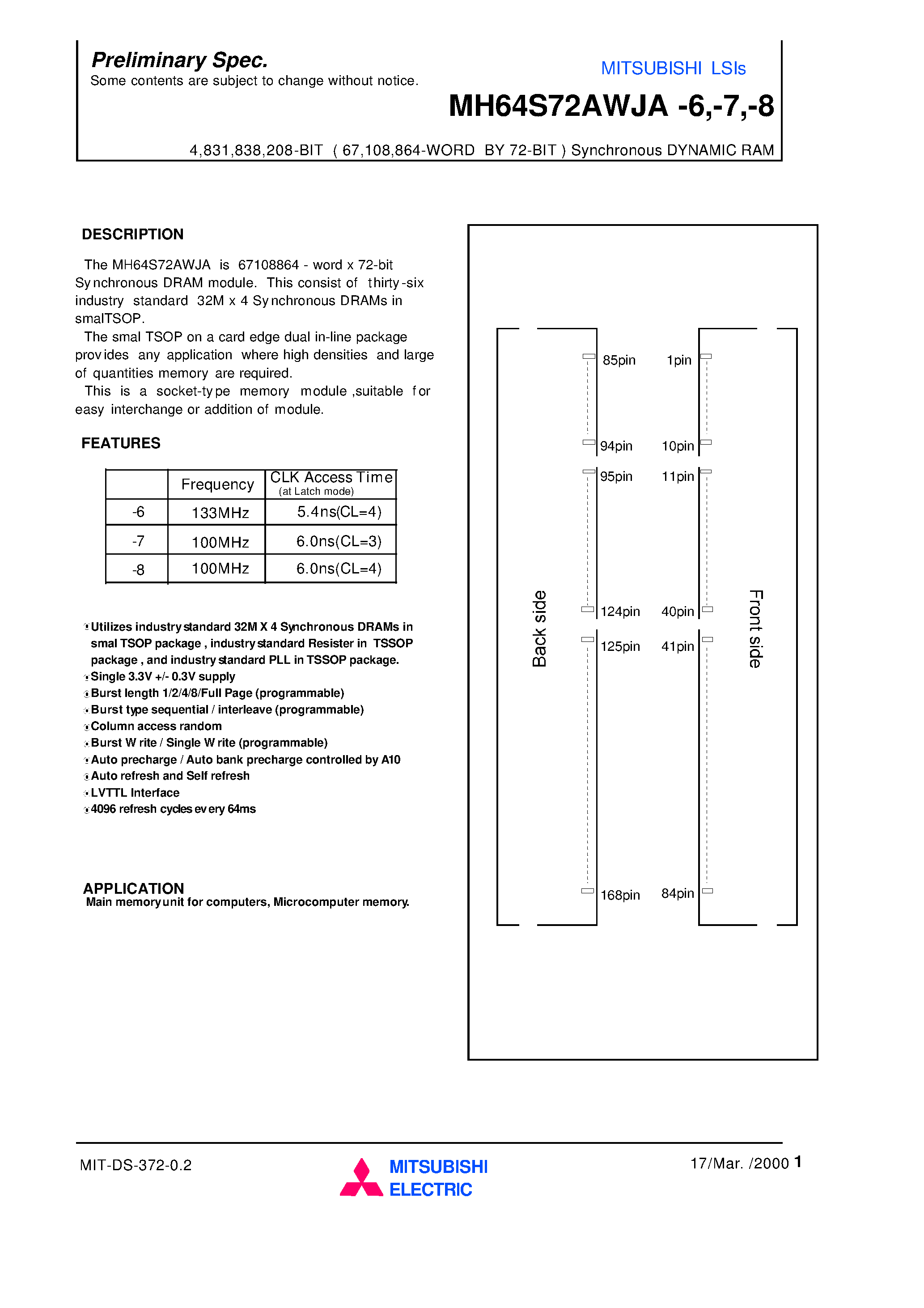 Datasheet MH64S72AWJA-7 - 4 /831 /838 /208-BIT ( 67 /108 /864-WORD BY 72-BIT ) Synchronous DYNAMIC RAM page 1