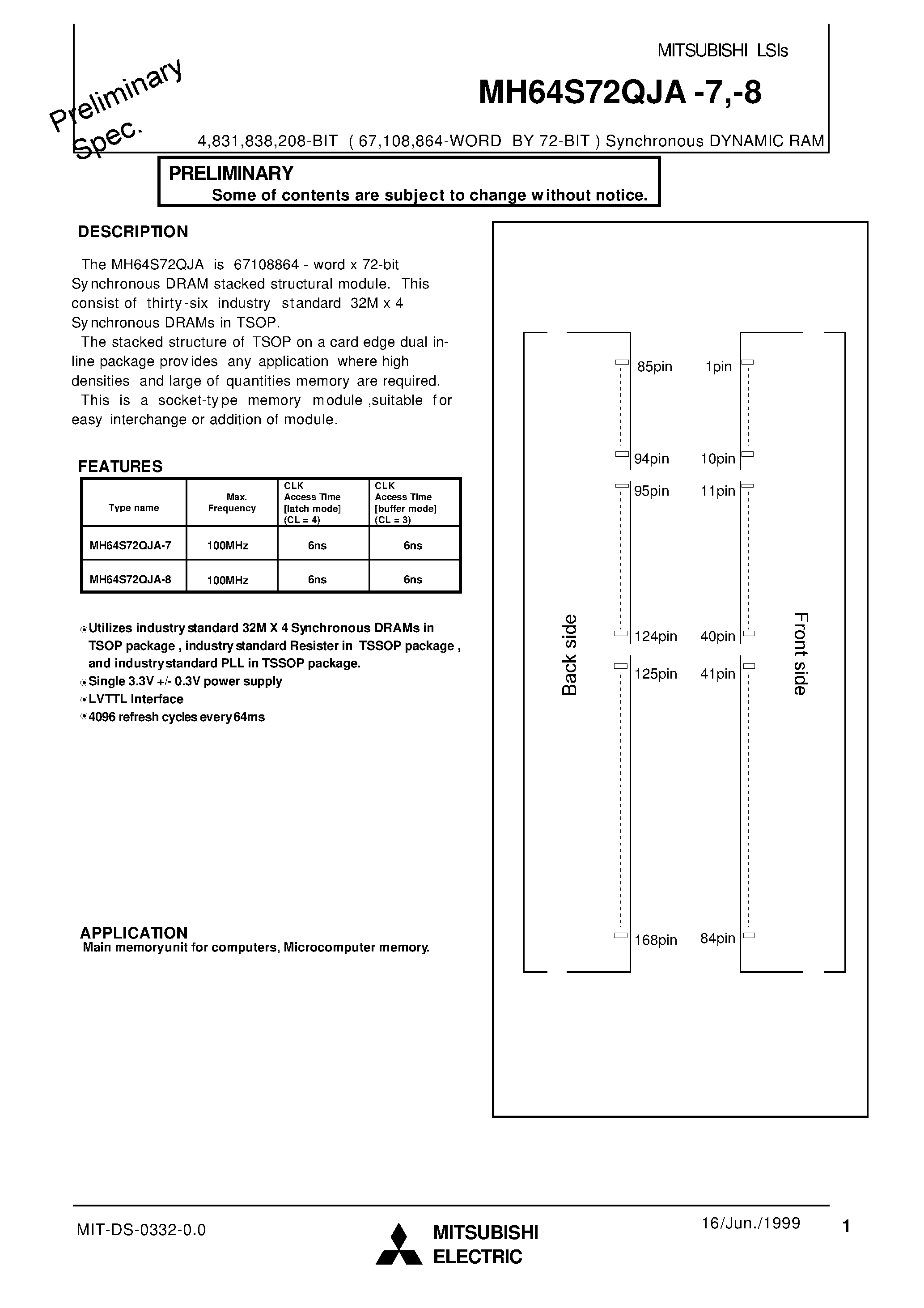 Datasheet MH64S72QJA-7 - 4 /831 /838 /208-BIT ( 67 /108 /864-WORD BY 72-BIT ) Synchronous DYNAMIC RAM page 1