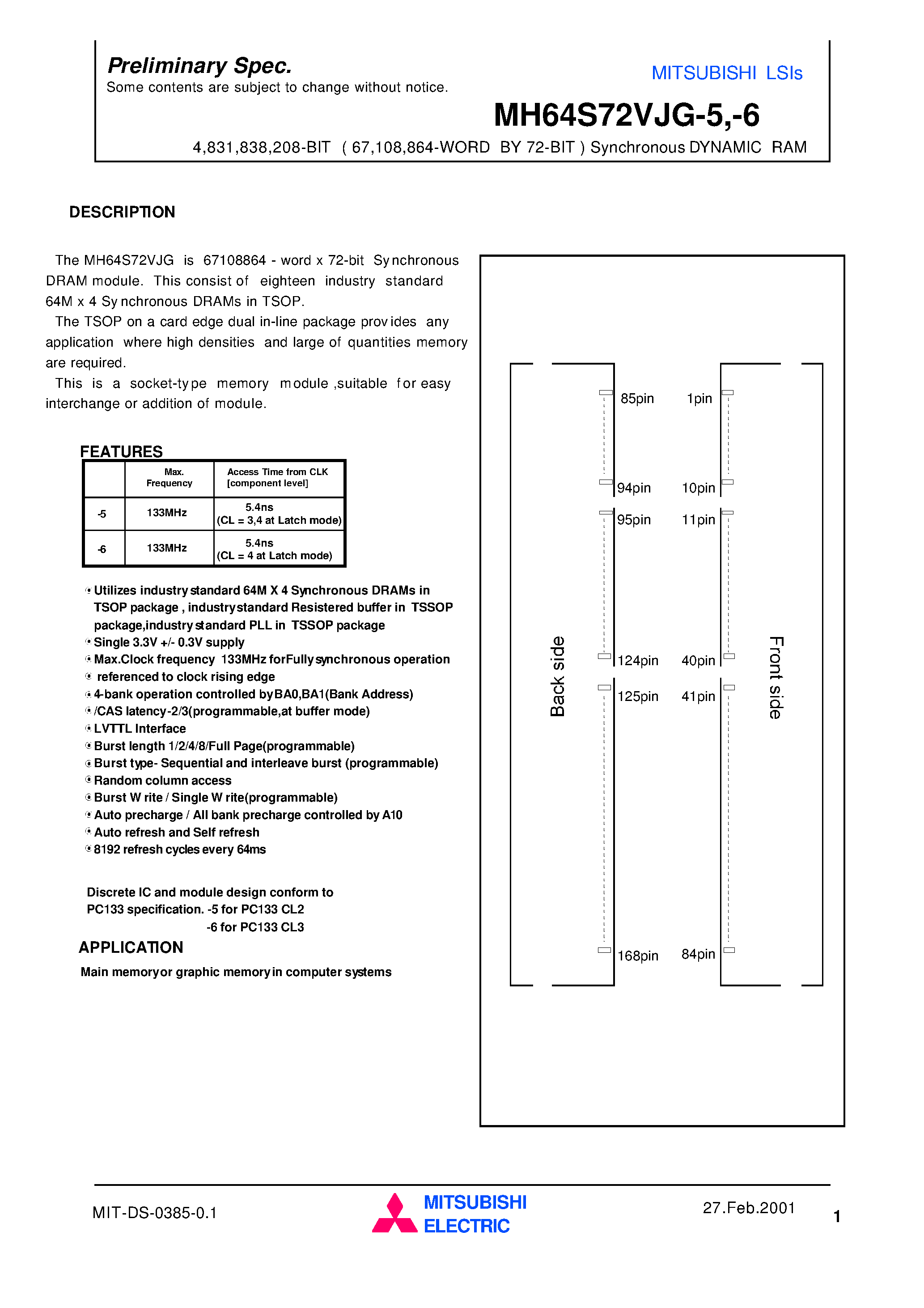 Datasheet MH64S72VJG-5 - 4 /831 /838 /208-BIT ( 67 /108 /864-WORD BY 72-BIT ) Synchronous DYNAMIC RAM page 1