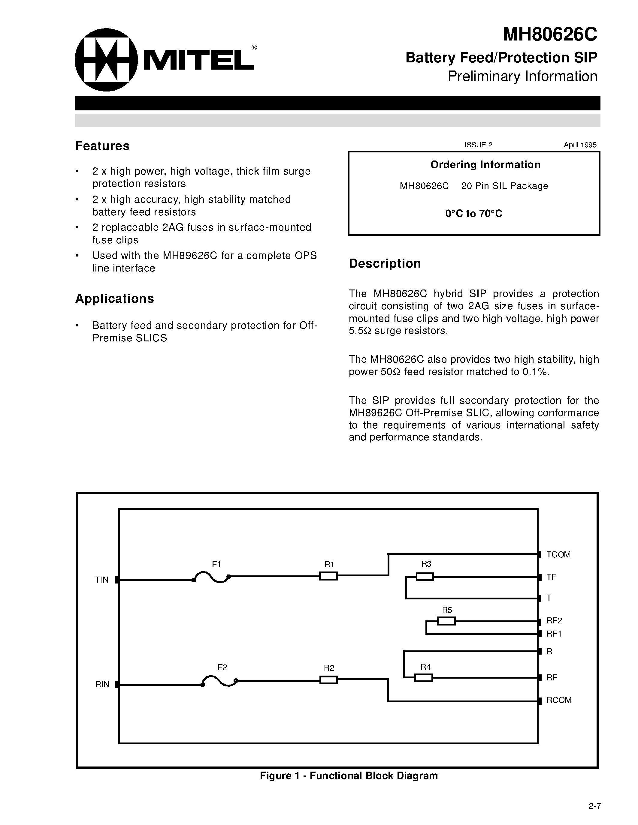 Datasheet MH80626C - Battery Feed/Protection SIP Preliminary Information page 1