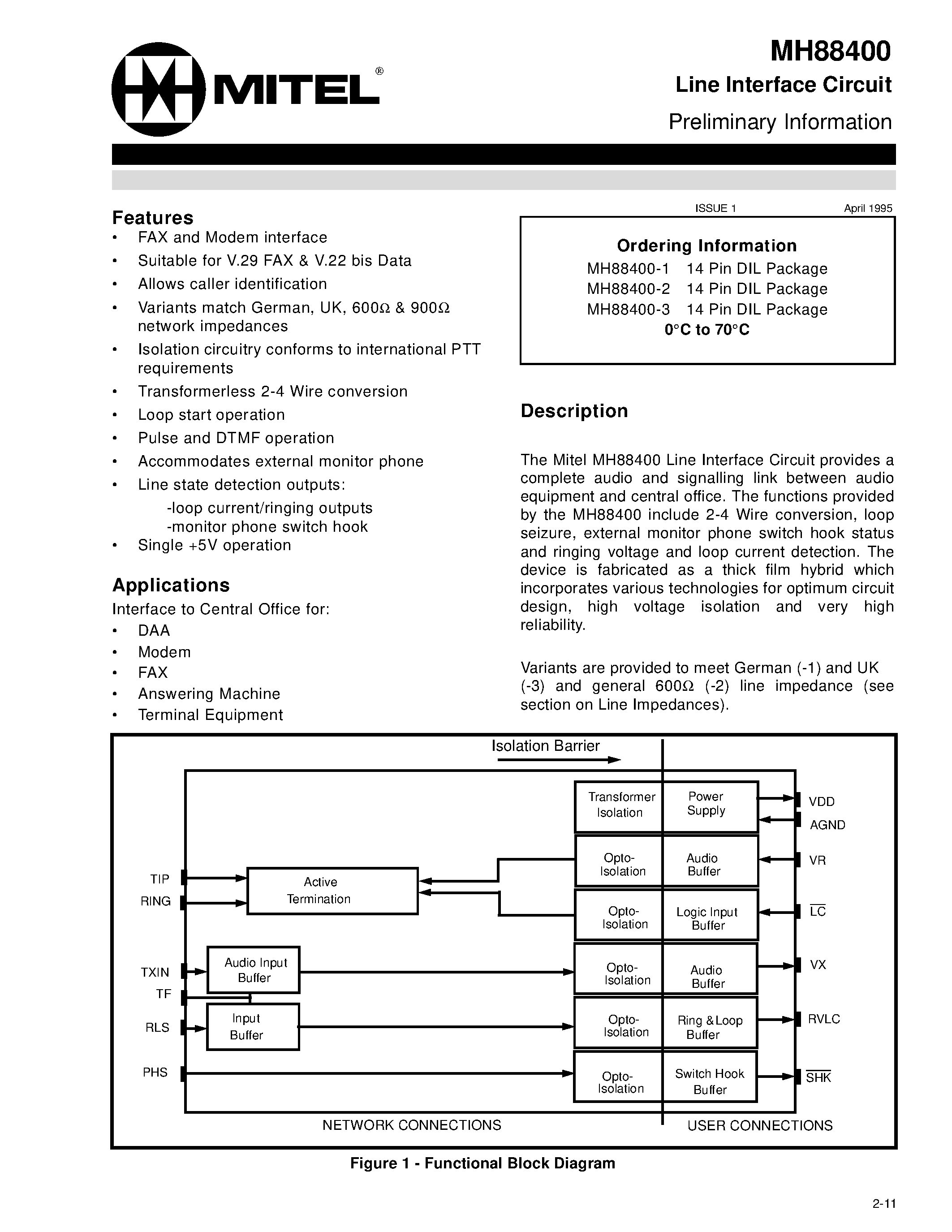 Datasheet MH88400-1 page 1 Datasheet MH88400-1 - Line Interface Circuit Preliminary Information page 1