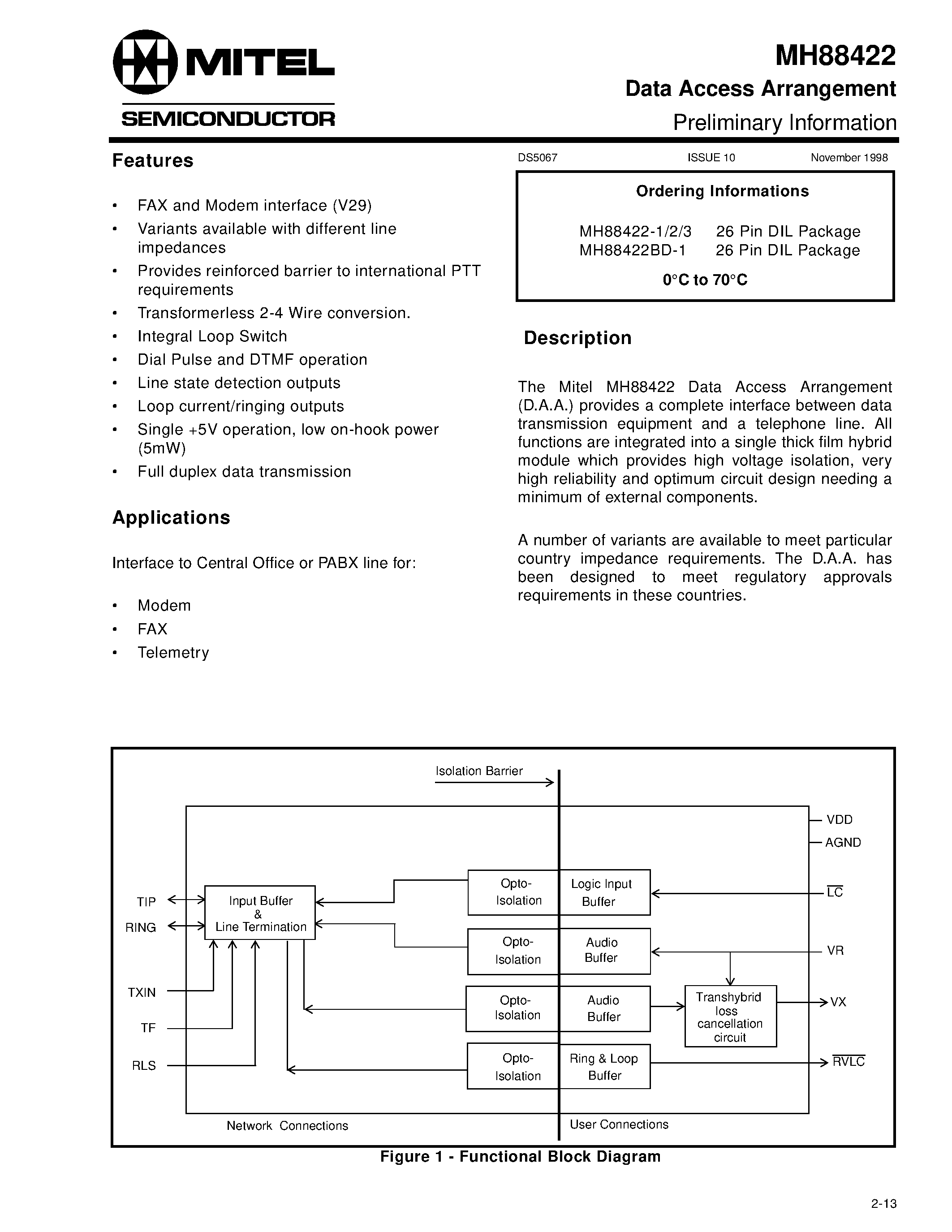 Datasheet MH88422-3 - Line Interface Circuit Preliminary Information page 1