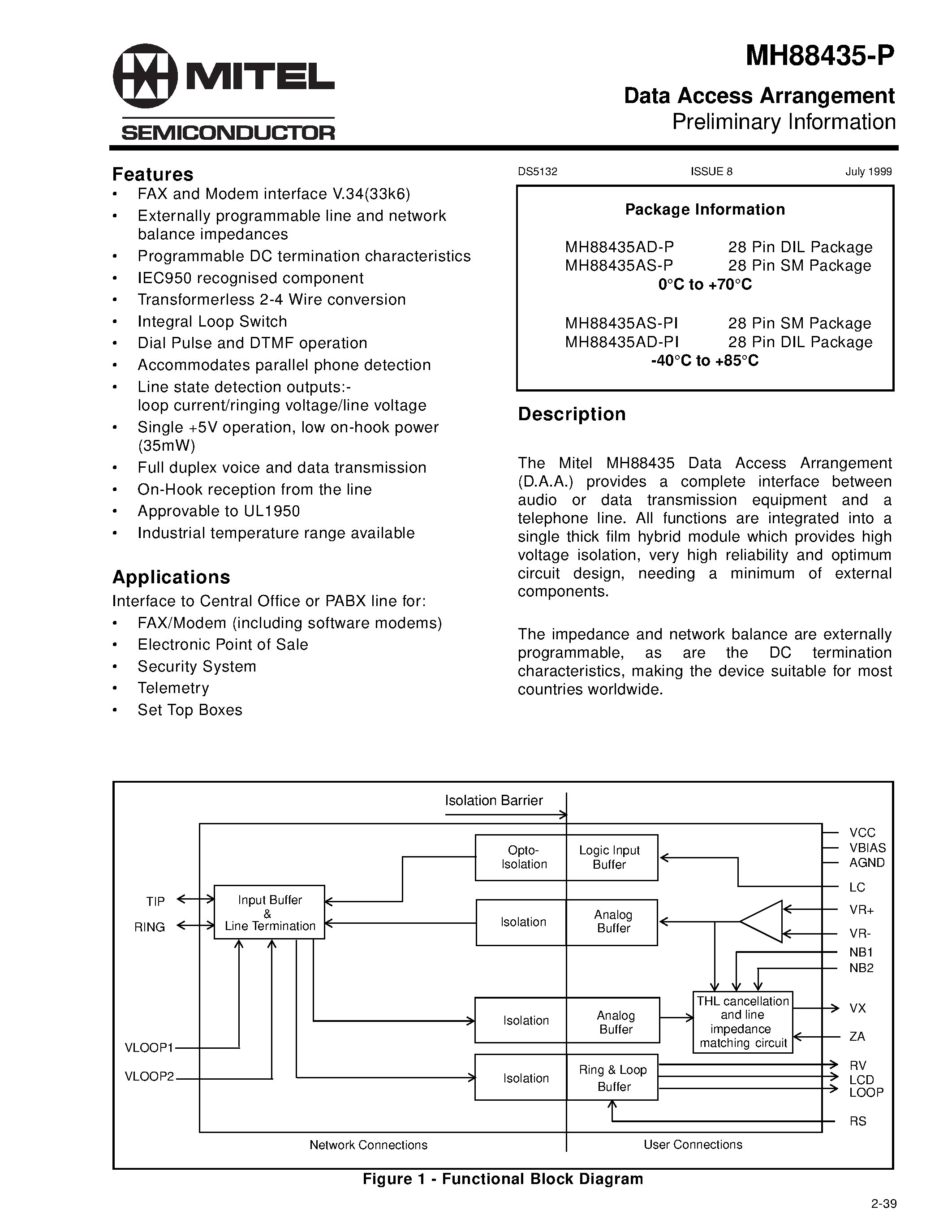 Даташит MH88435AD-P - Data Access Arrangement страница 1
