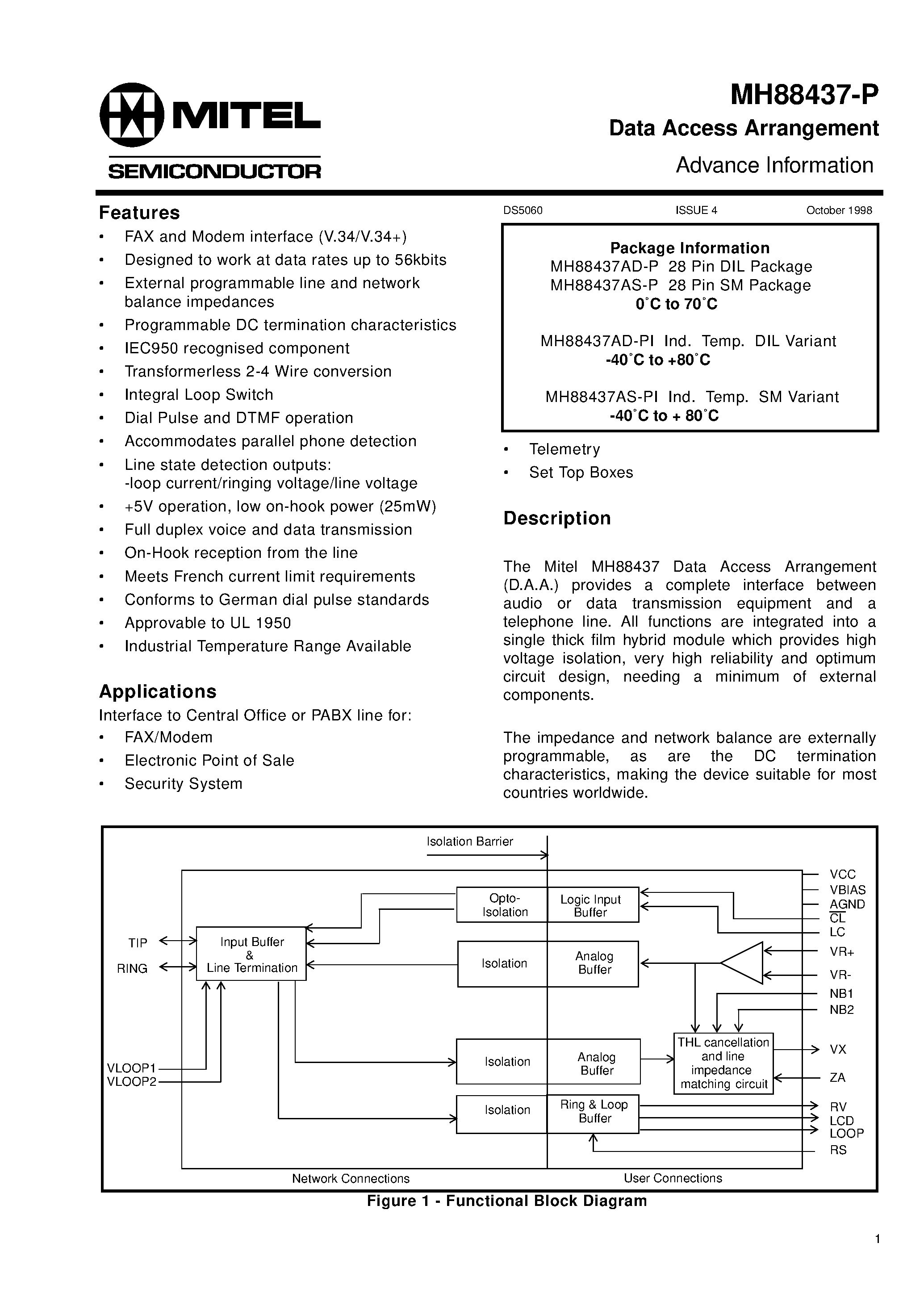 Даташит MH88437AS-P - Data Access Arrangement Advance Information страница 1