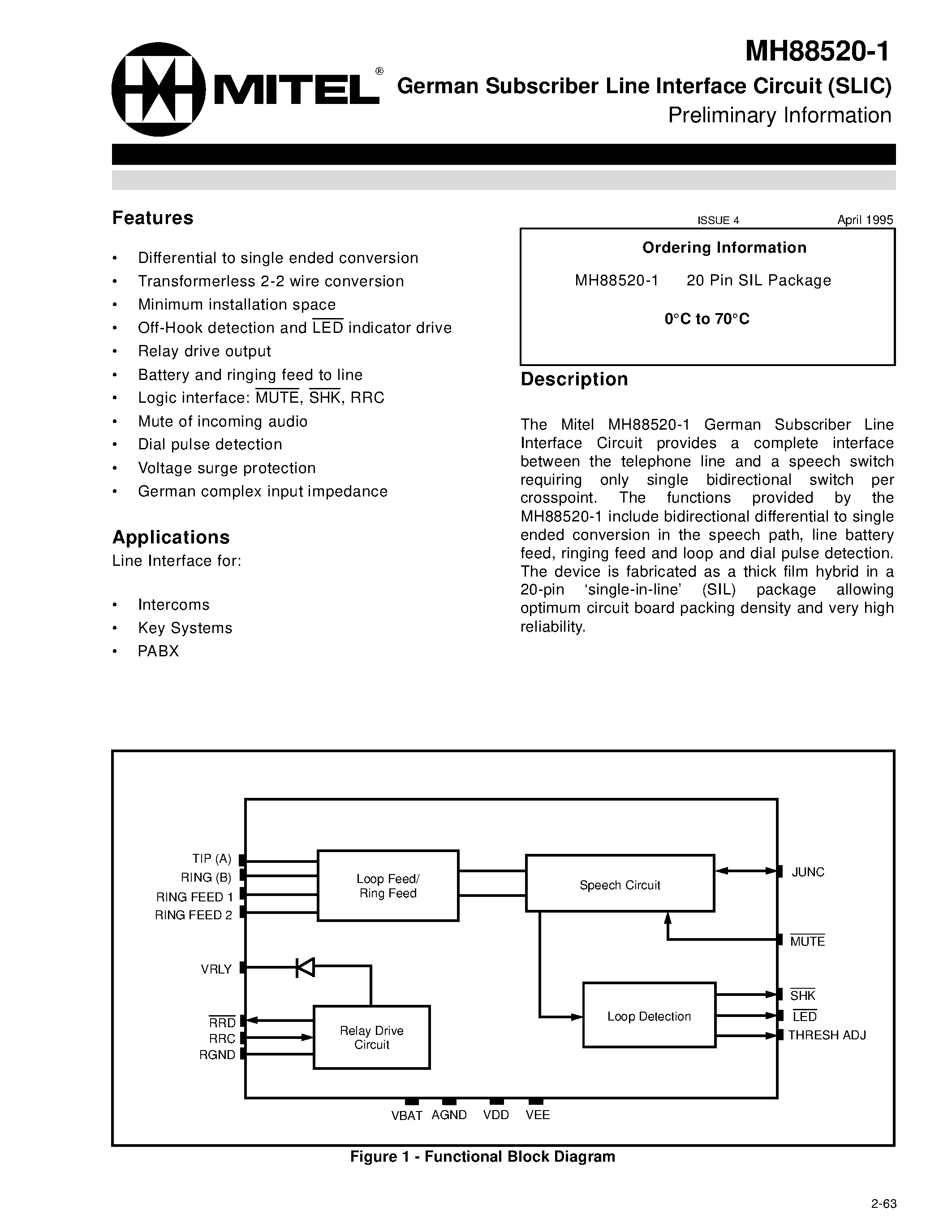 Datasheet MH88520-1 page 1 Datasheet MH88520-1 - German Subscriber Line Interface Circuit (SLIC) Preliminary Information page 1