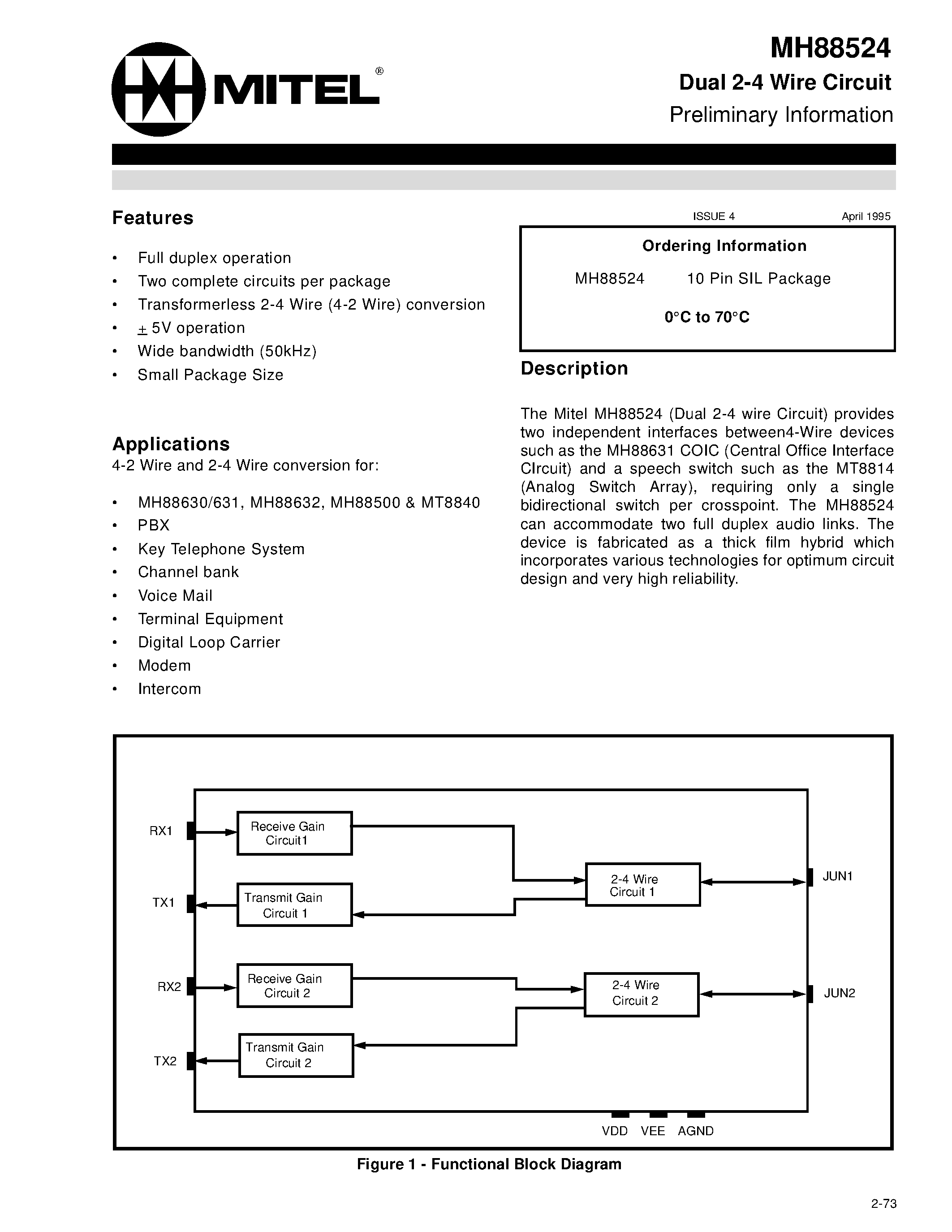 Datasheet MH88524 - Dual 2-4 Wire Circuit Preliminary Information page 1