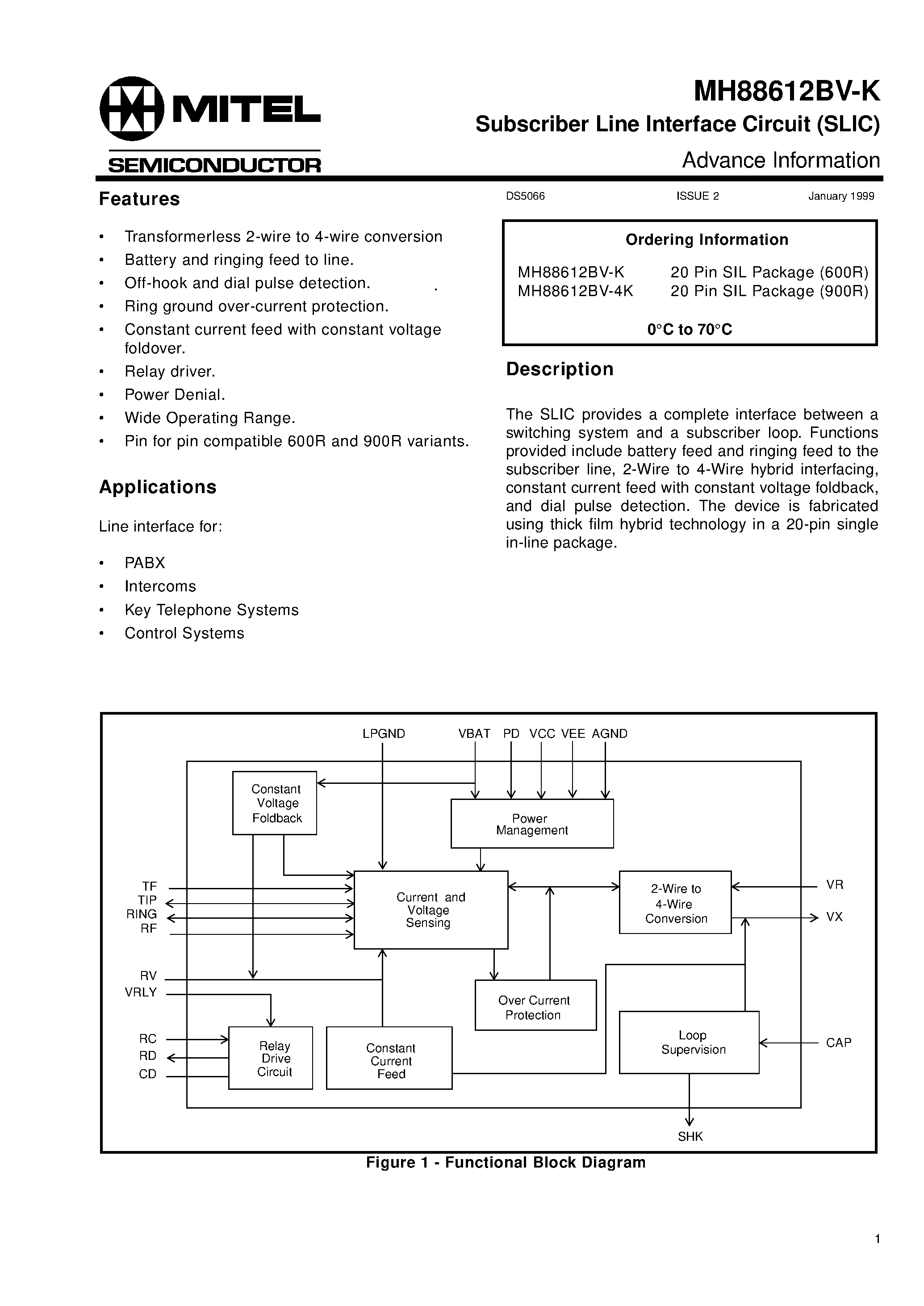 Datasheet MH88612BV-K page 1 Datasheet MH88612BV-K - Subscriber Line Interface Circuit (SLIC) Advance Information page 1