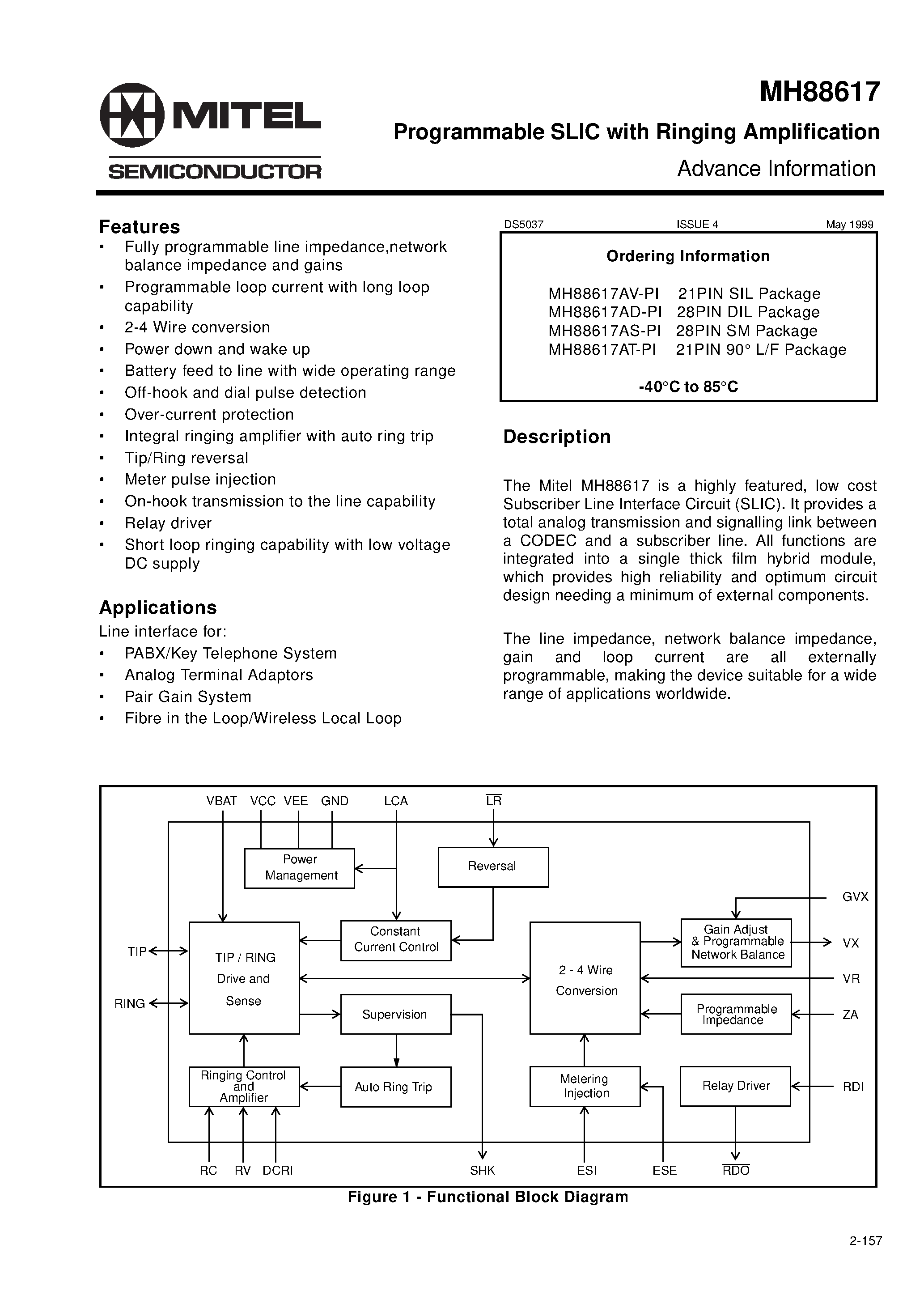 Datasheet MH88617 page 1 Datasheet MH88617 - Programmable SLIC with Ringing Amplification Advance Information page 1