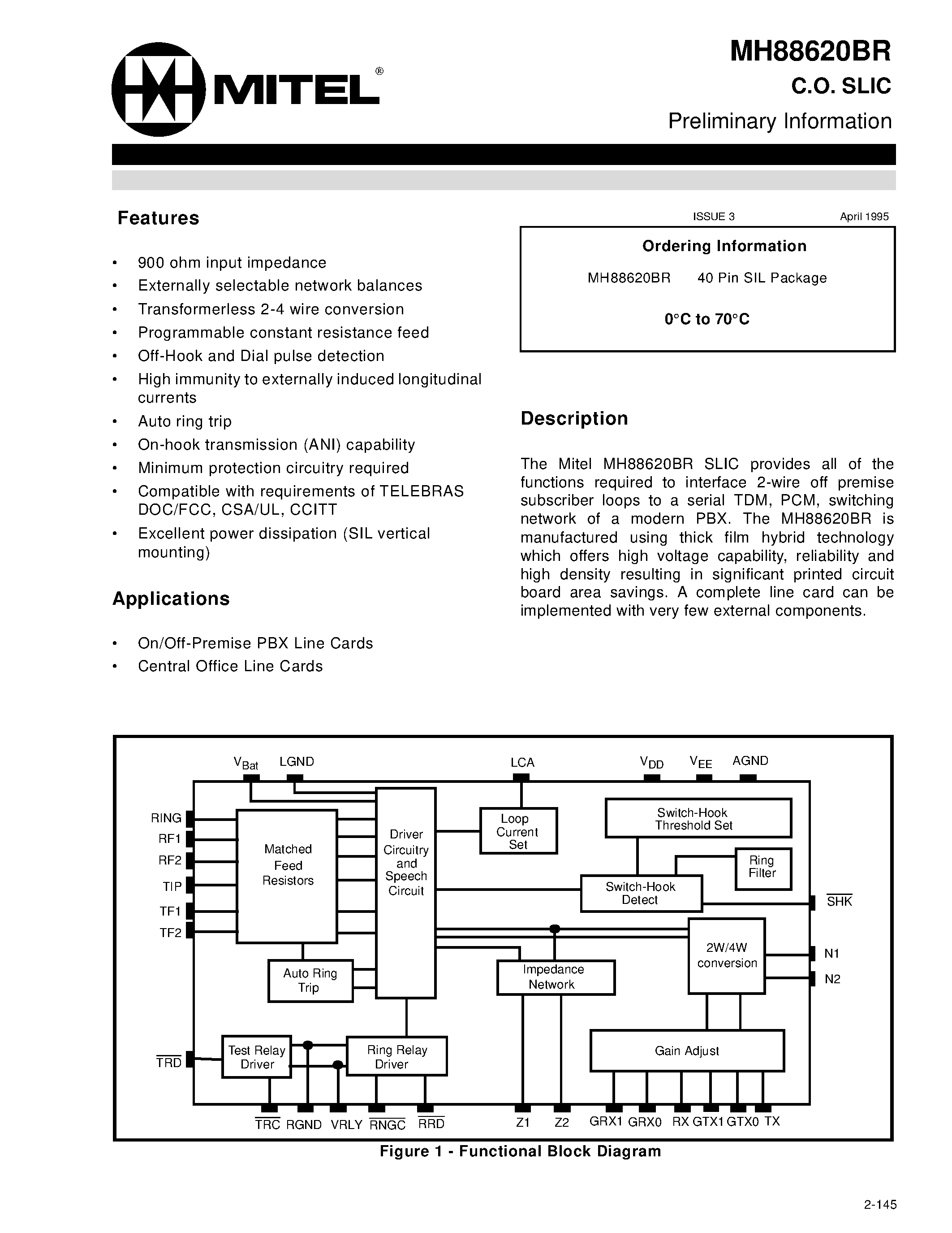 Datasheet MH88620BR - C.O. SLIC Preliminary Information page 1
