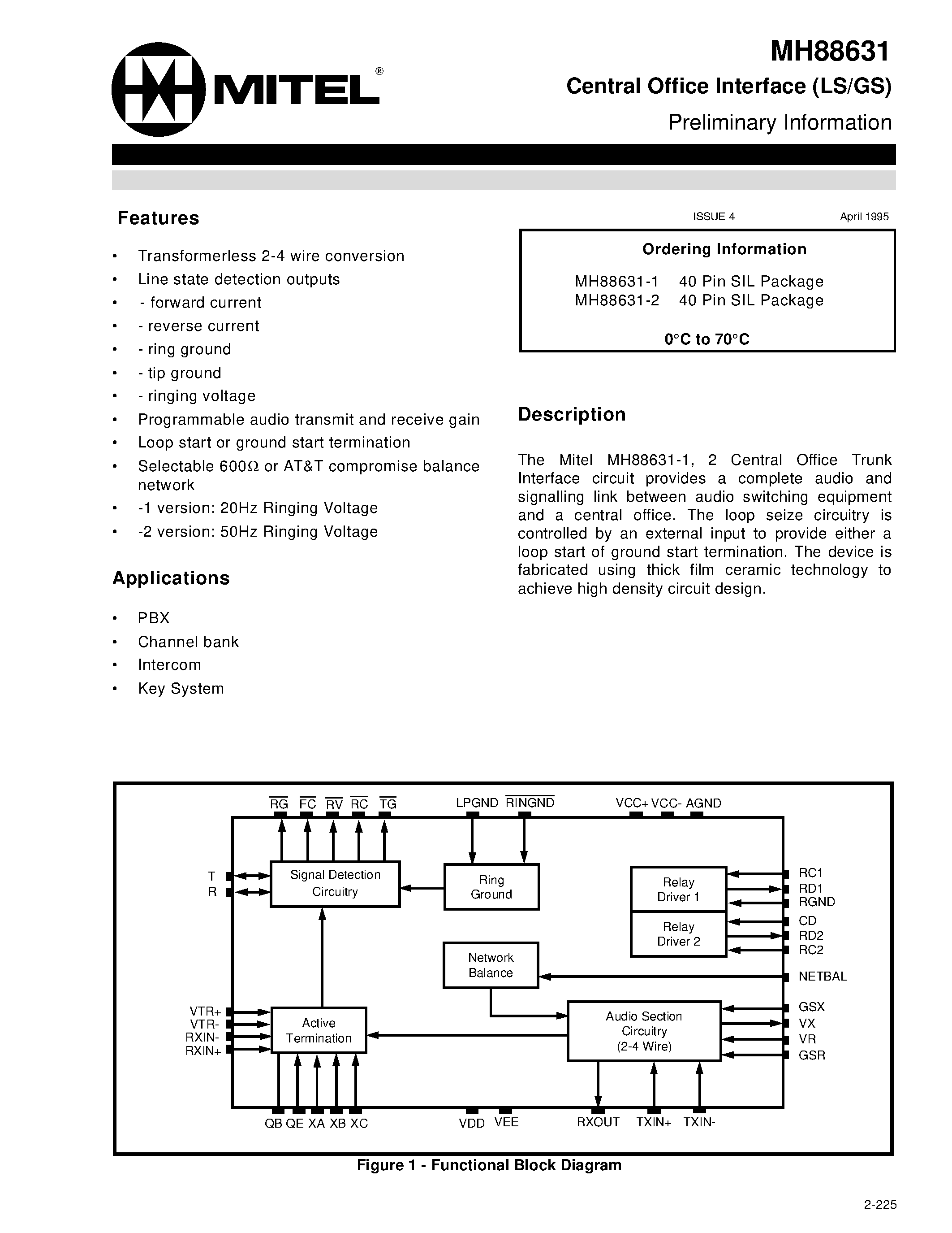 Datasheet MH88631-1 page 1 Datasheet MH88631-1 - Central Office Interface (LS/GS) Preliminary Information page 1