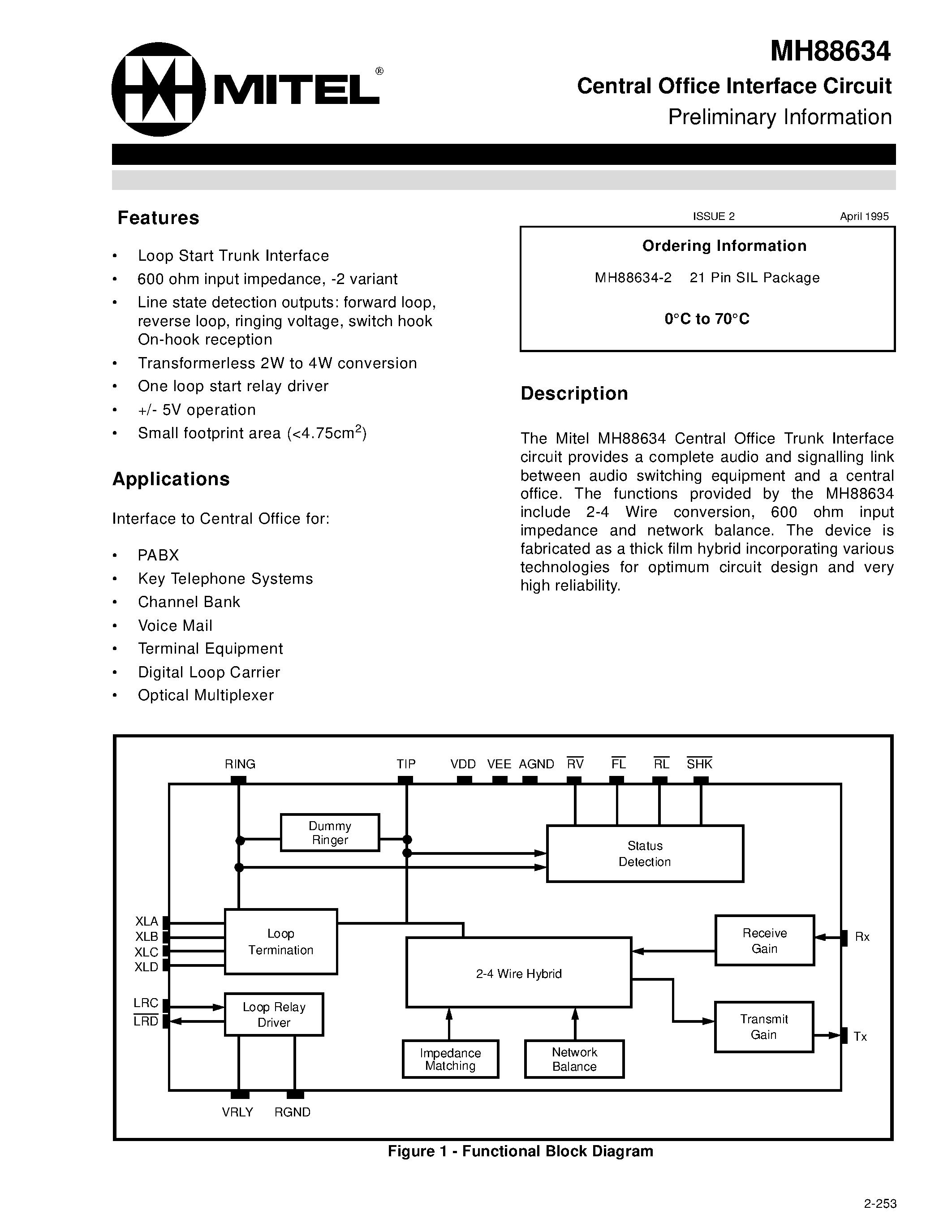 Datasheet MH88634-2 - Central Office Interface Circuit Preliminary Information page 1