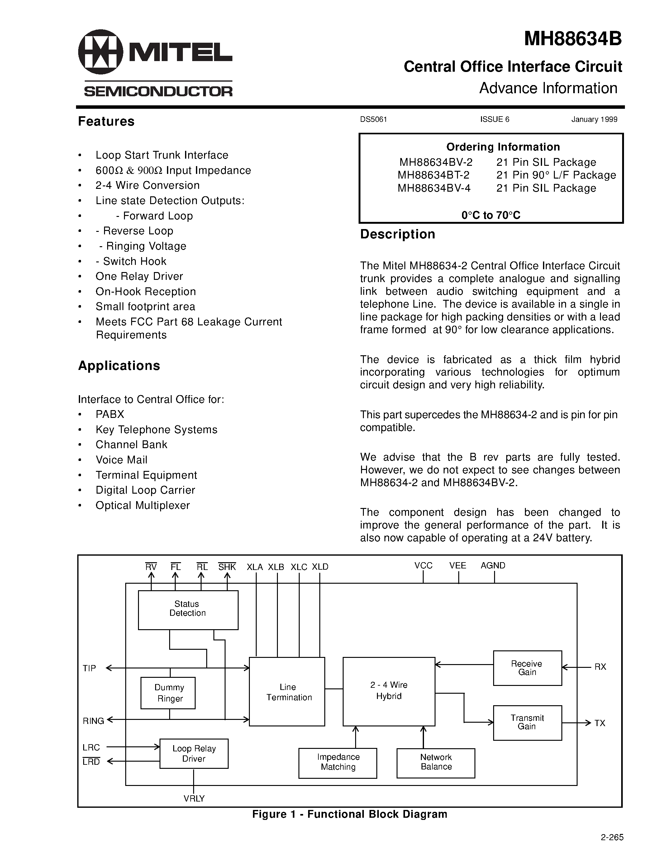 Datasheet MH88634BV-4 page 1 Datasheet MH88634BV-4 - Central Office Interface Circuit Advance Information page 1