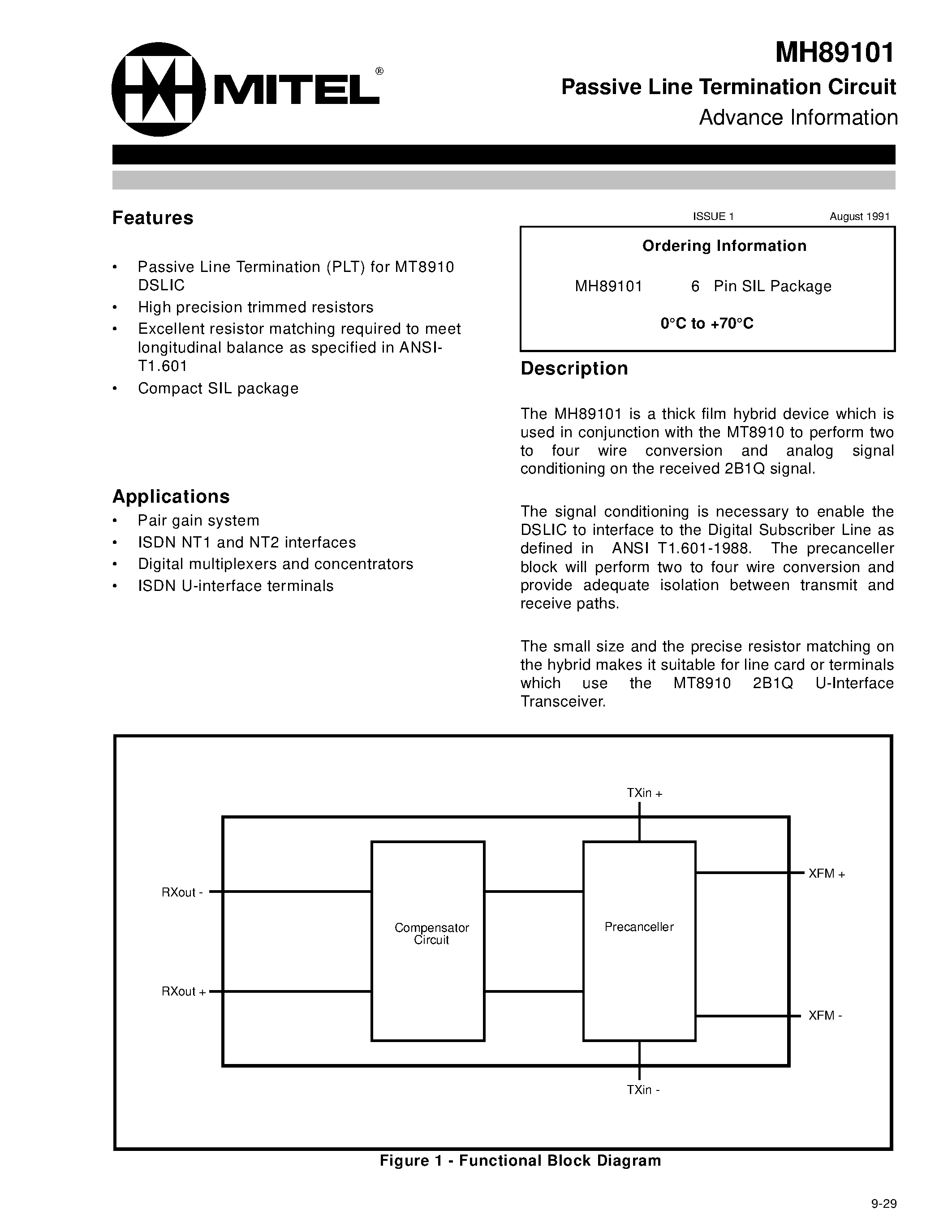Datasheet MH89101 - Passive Line Termination Circuit Advance Information page 1
