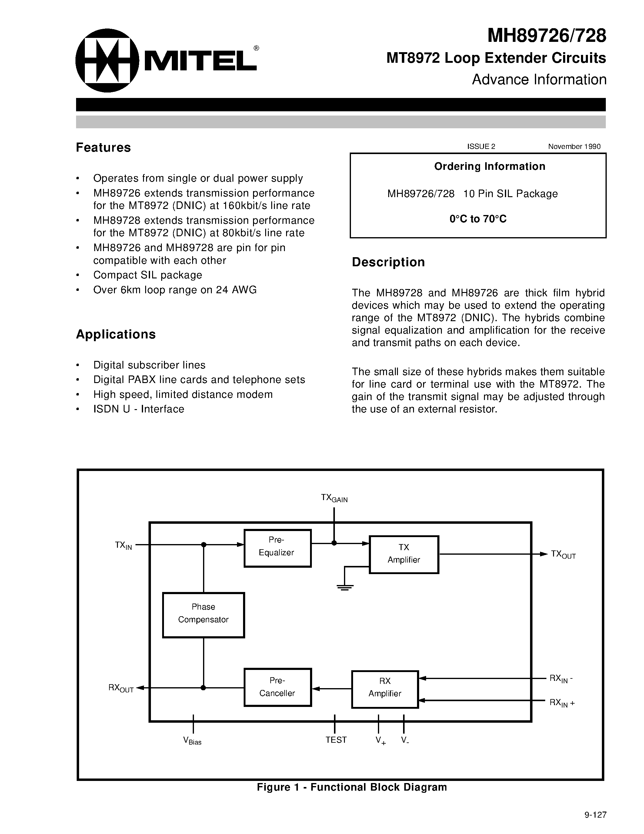 Datasheet MH89728 - MT8972 Loop Extender Circuits Advance Information page 1