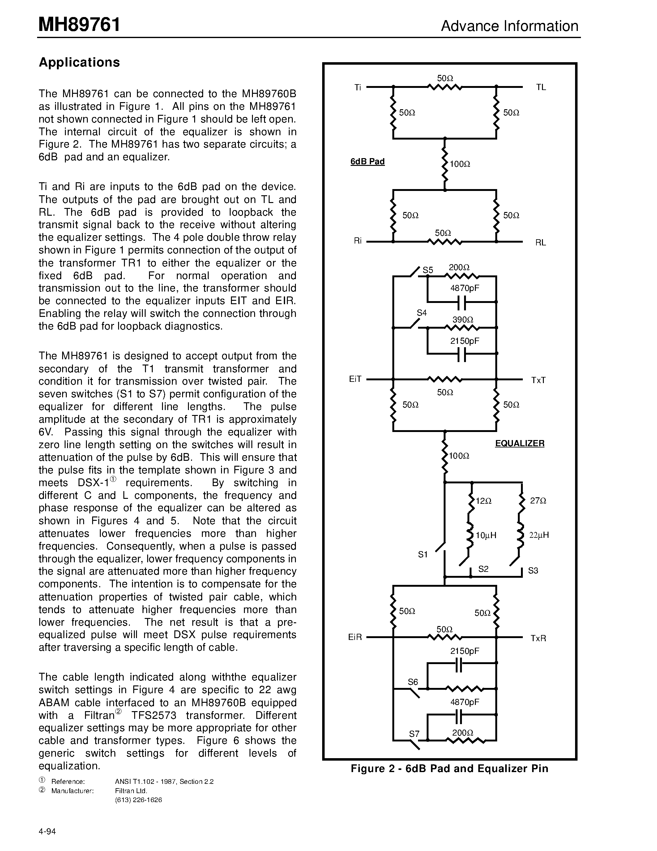 Datasheet MH89761 - T1 Transmit Equalizer Advance Information page 2