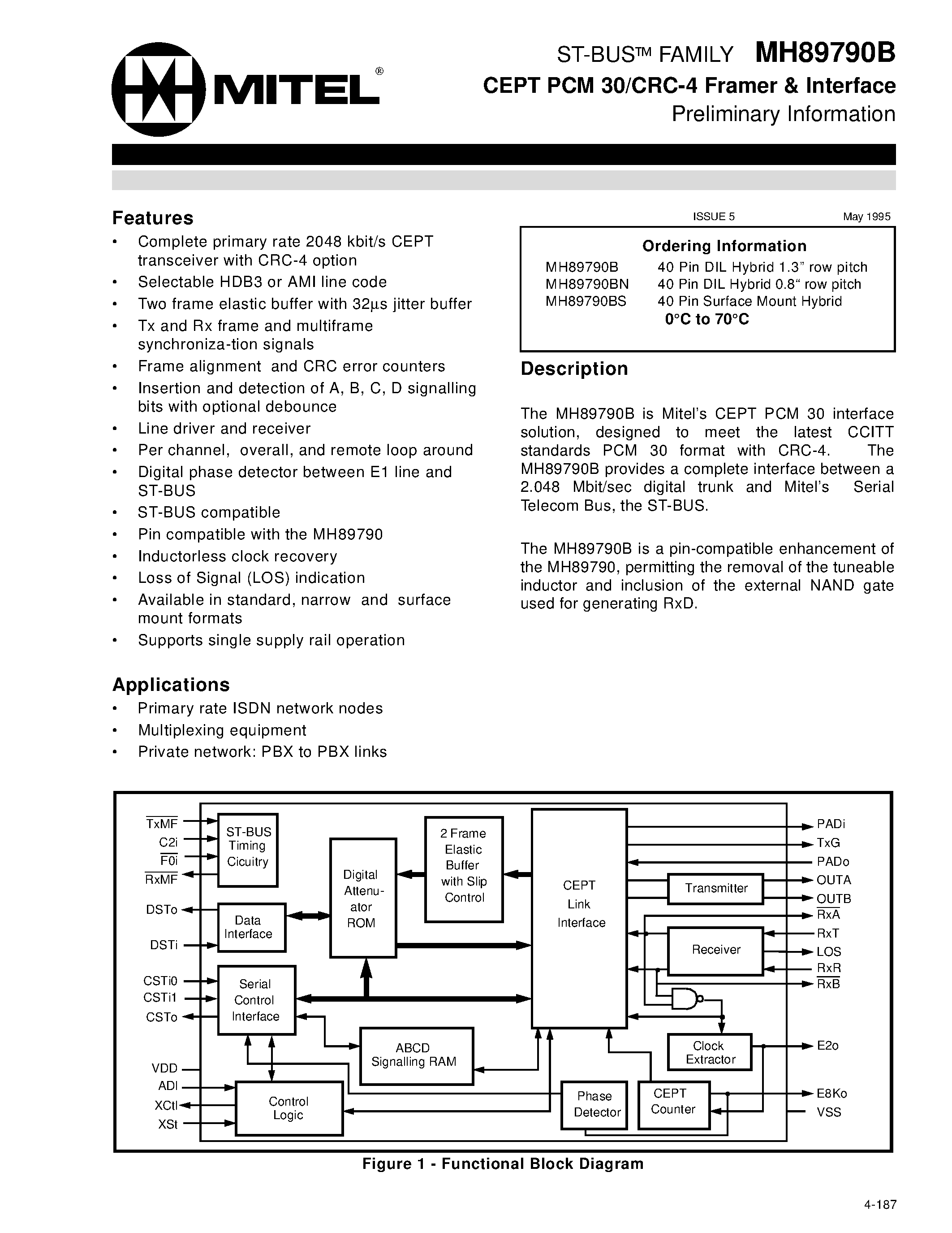 Datasheet MH89790B - ST-BUS FAMILY CEPT PCM 30/CRC-4 Framer & Interface Preliminary Information page 1