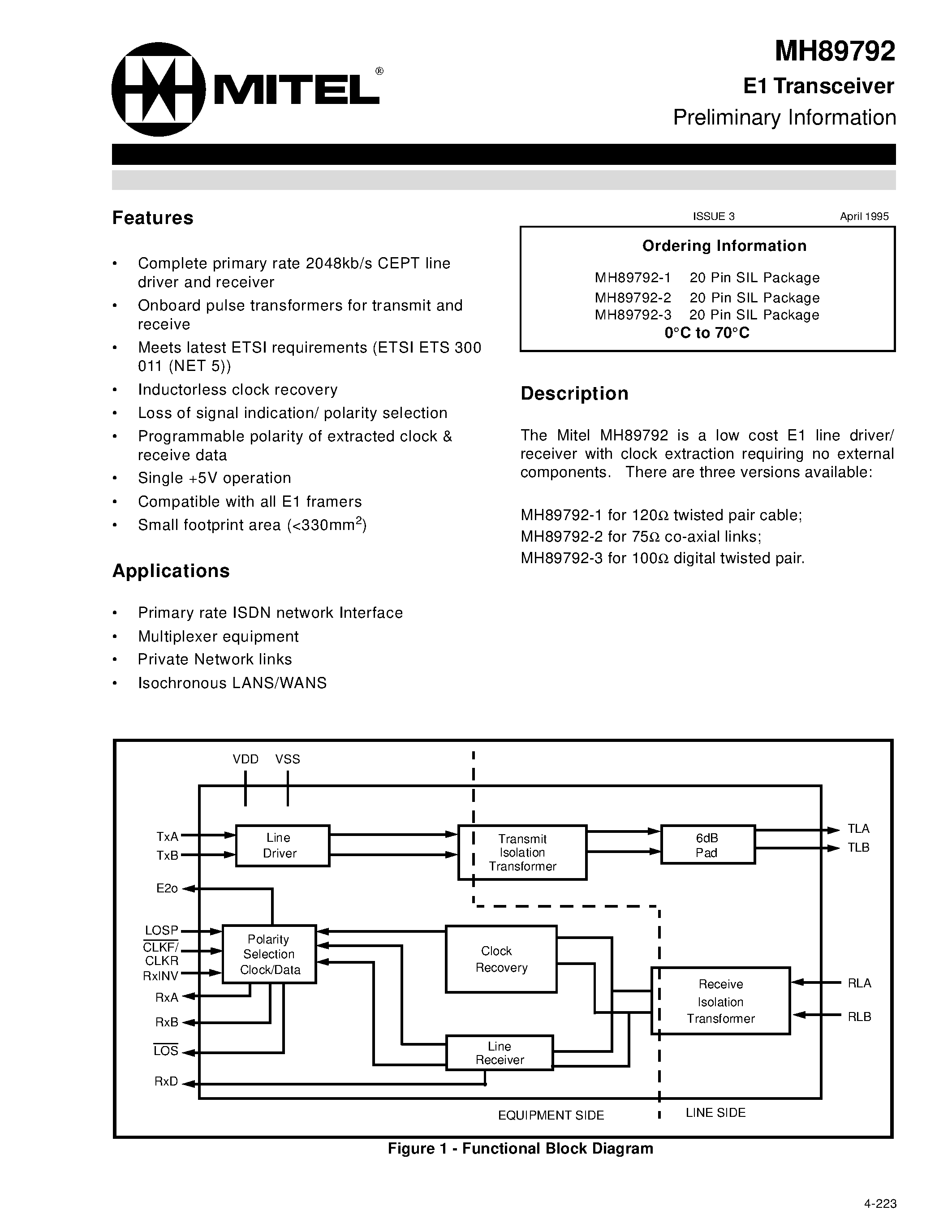 Datasheet MH89792-1 page 1 Datasheet MH89792-1 - E1 Transceiver Preliminary Information page 1