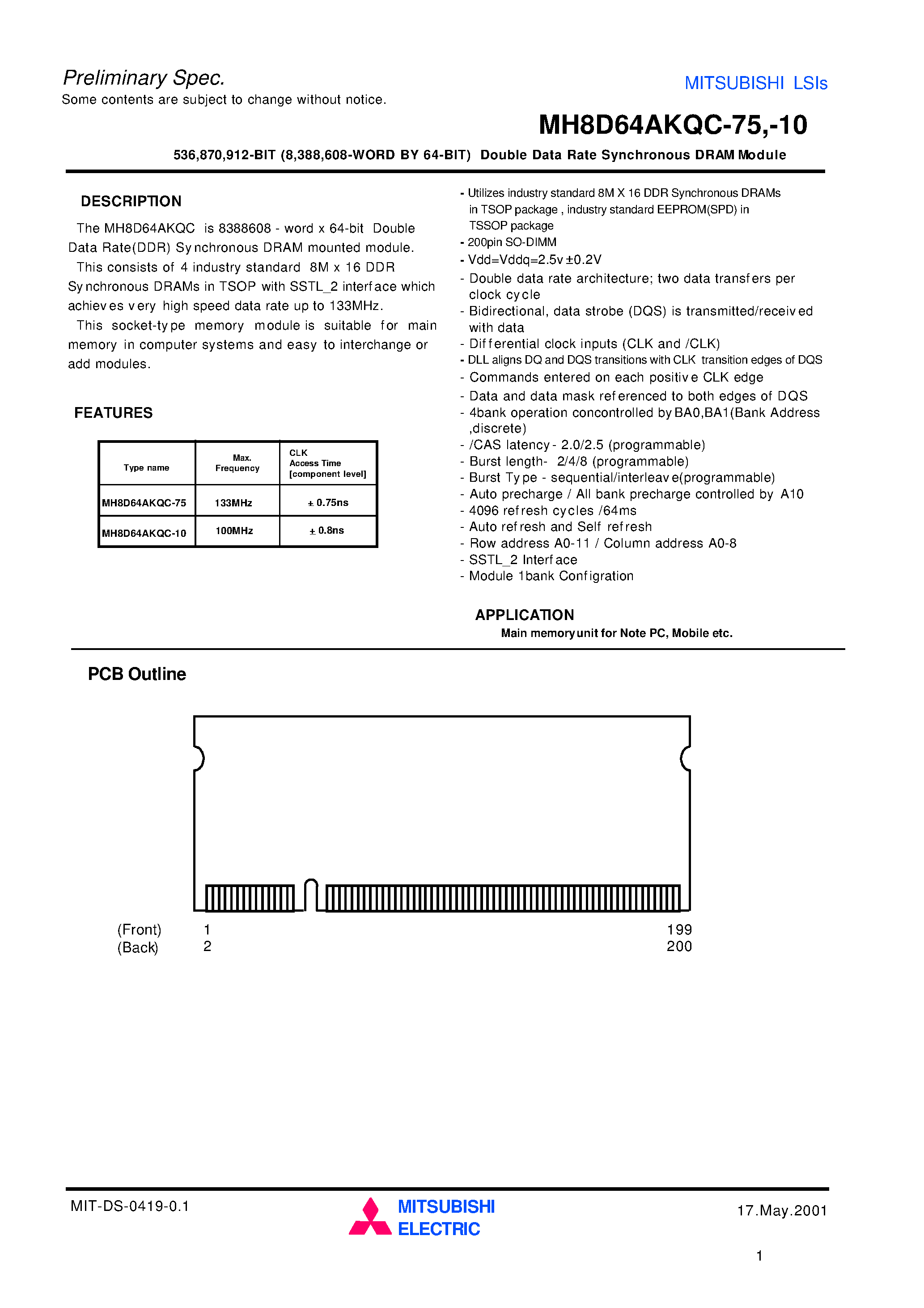 Datasheet MH8D64AKQC-75 - 536 /870 /912-BIT (8 /388 /608-WORD BY 64-BIT) Double Data Rate Synchronous DRAM Module page 1
