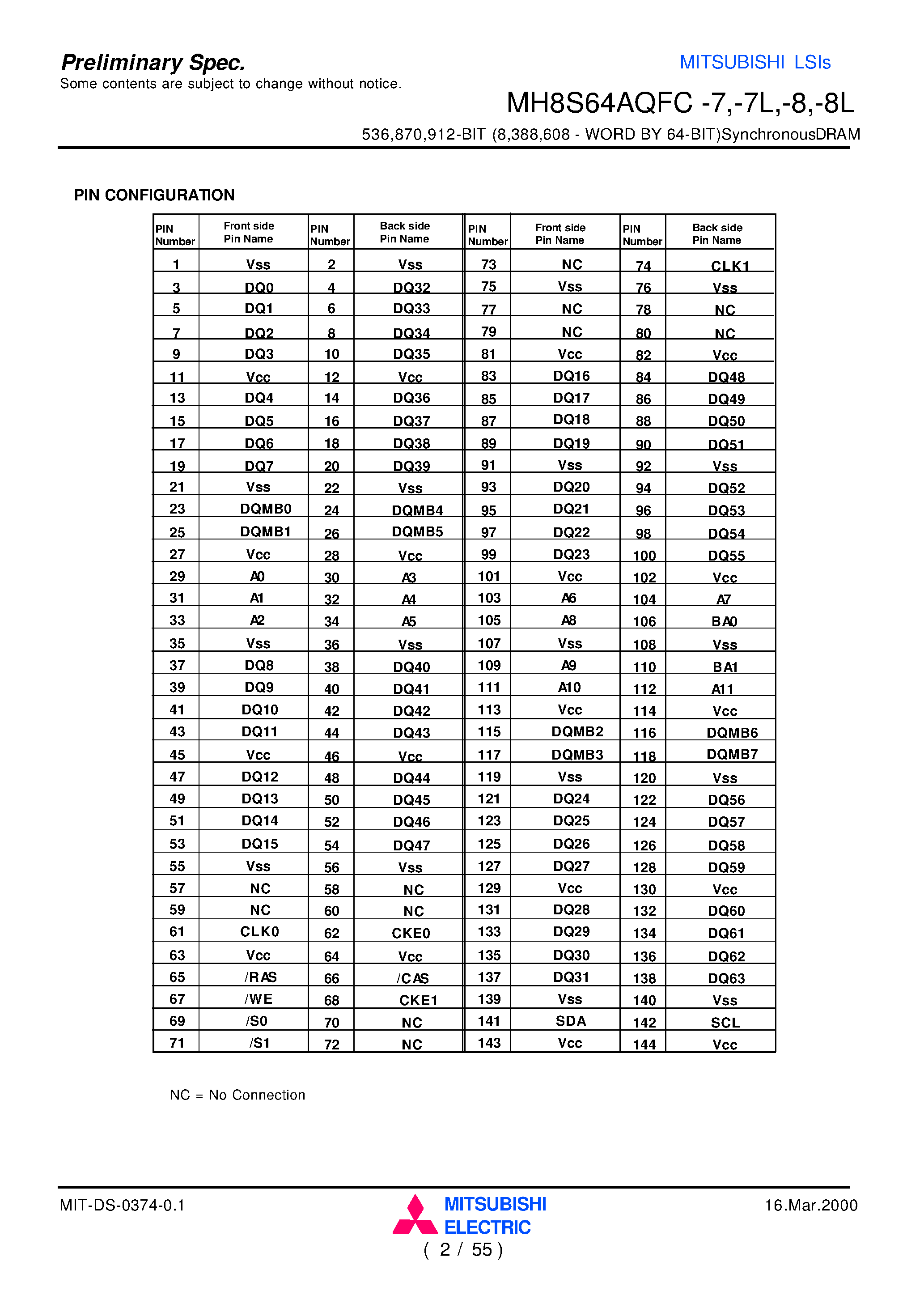 Datasheet MH8S64AQFC-7 - 536 /870 /912-BIT (8 /388 /608 - WORD BY 64-BIT)SynchronousDRAM page 2