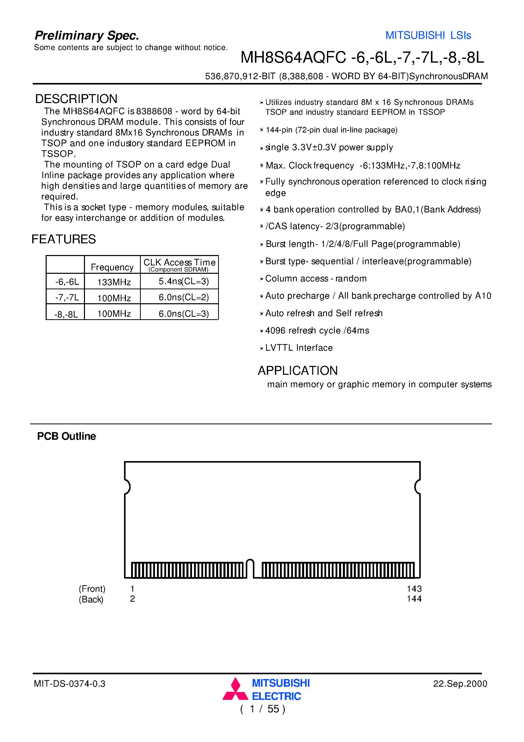 Datasheet MH8S64AQFC-8 - 536 /870 /912-BIT (8 /388 /608 - WORD BY 64-BIT)SynchronousDRAM page 1
