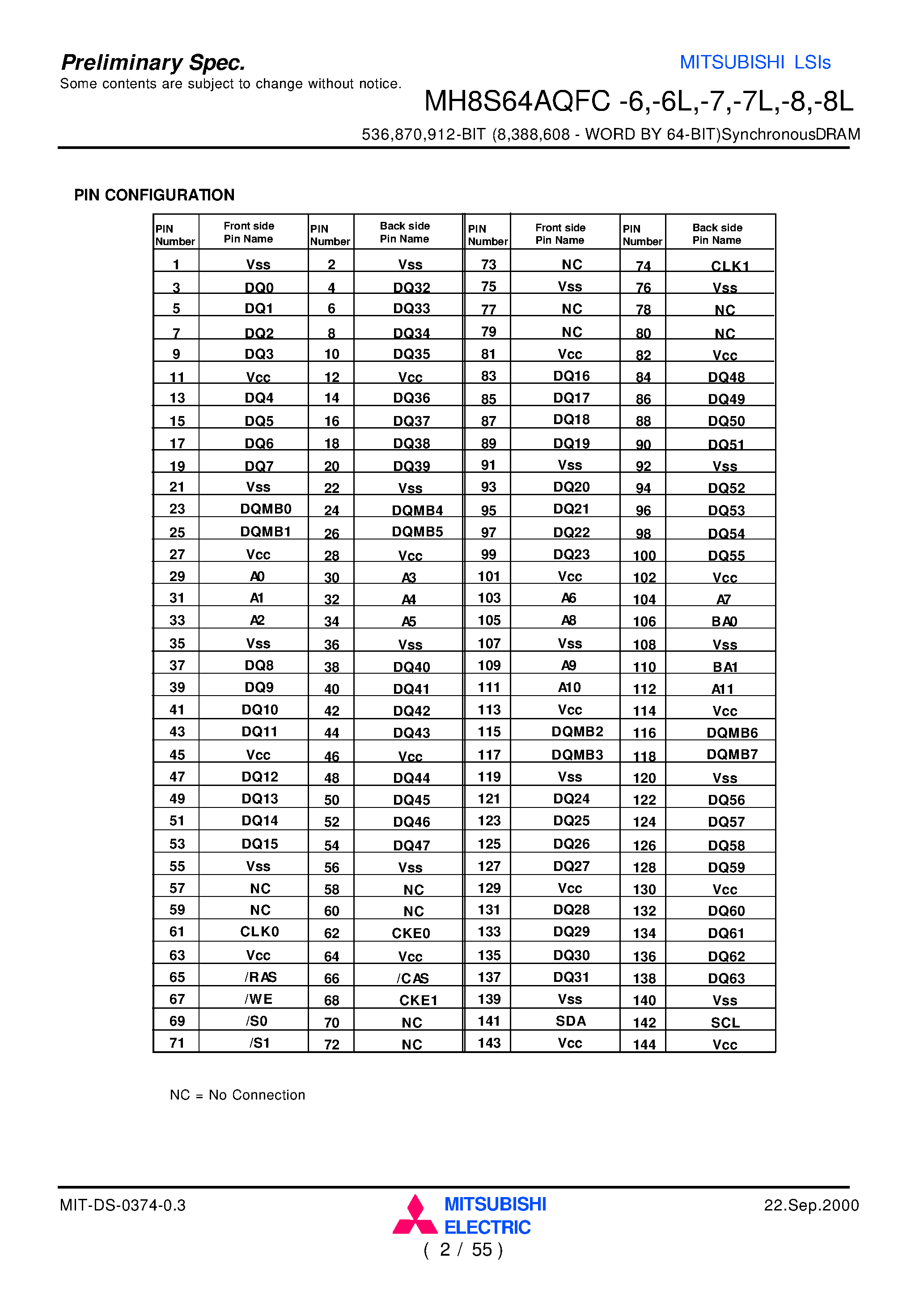 Datasheet MH8S64AQFC-8 - 536 /870 /912-BIT (8 /388 /608 - WORD BY 64-BIT)SynchronousDRAM page 2